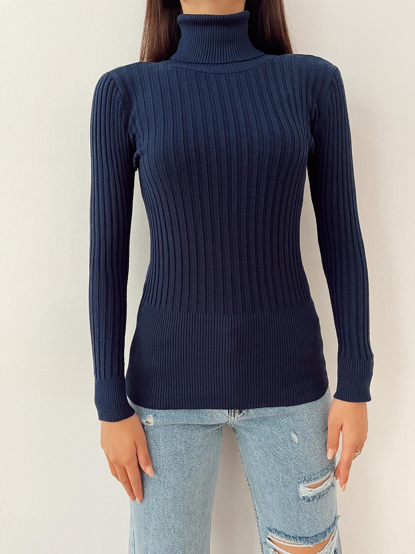 Fitilli Balıkçı Yaka Likralı Kazak LACİVERT