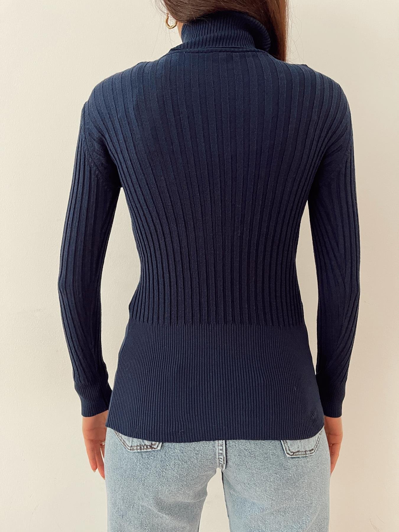 Fitilli Balıkçı Yaka Likralı Kazak LACİVERT