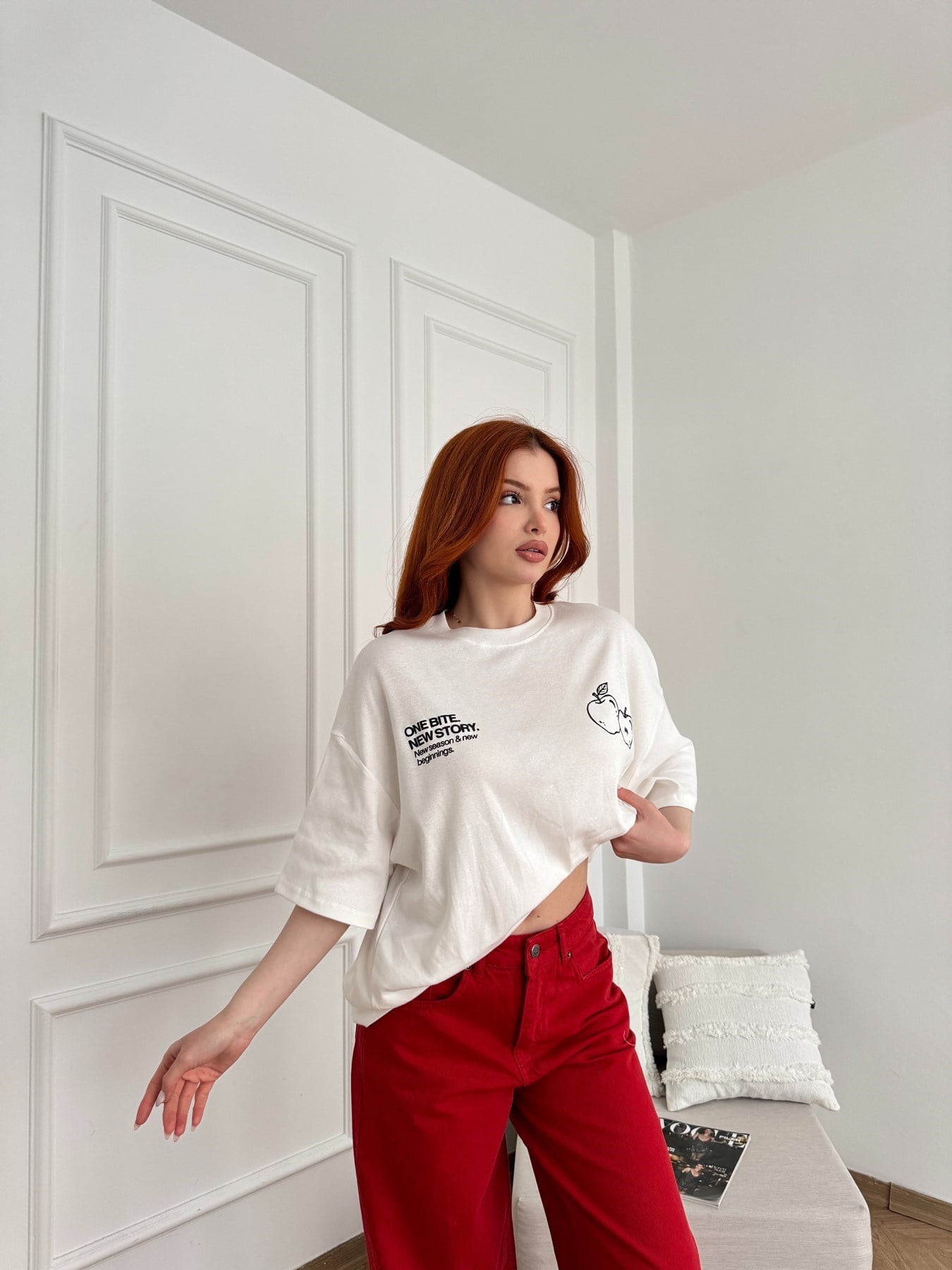 Fresh Start Baskılı Oversize T-shirt Ekru