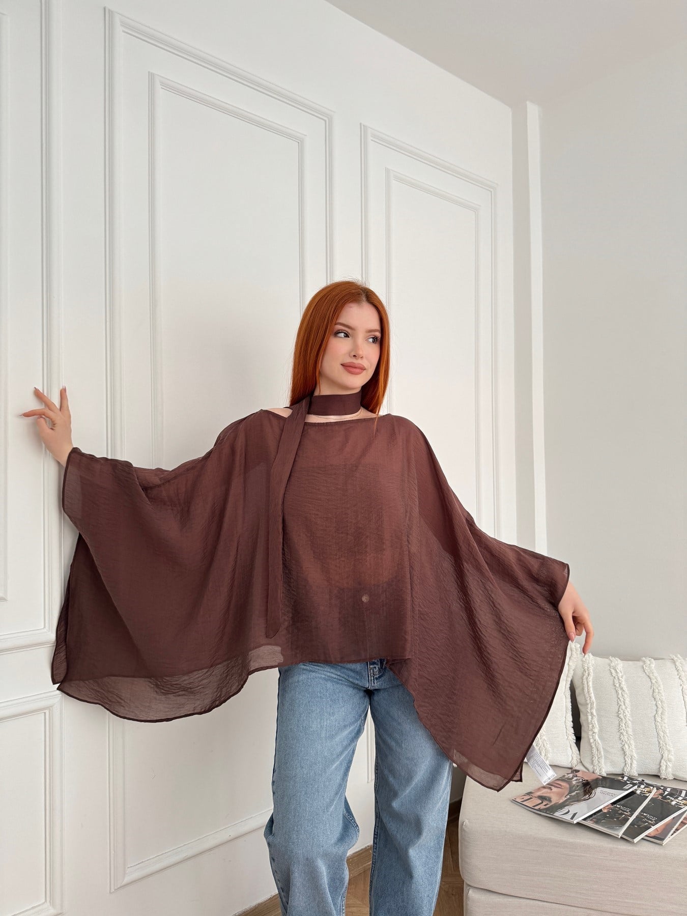 Fularlı Panço Bluz Kahve