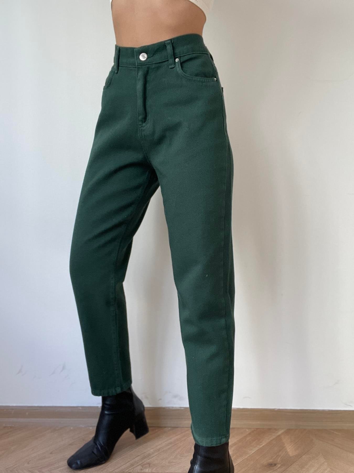Gabardin Mom Fıt Pantolon YEŞİL