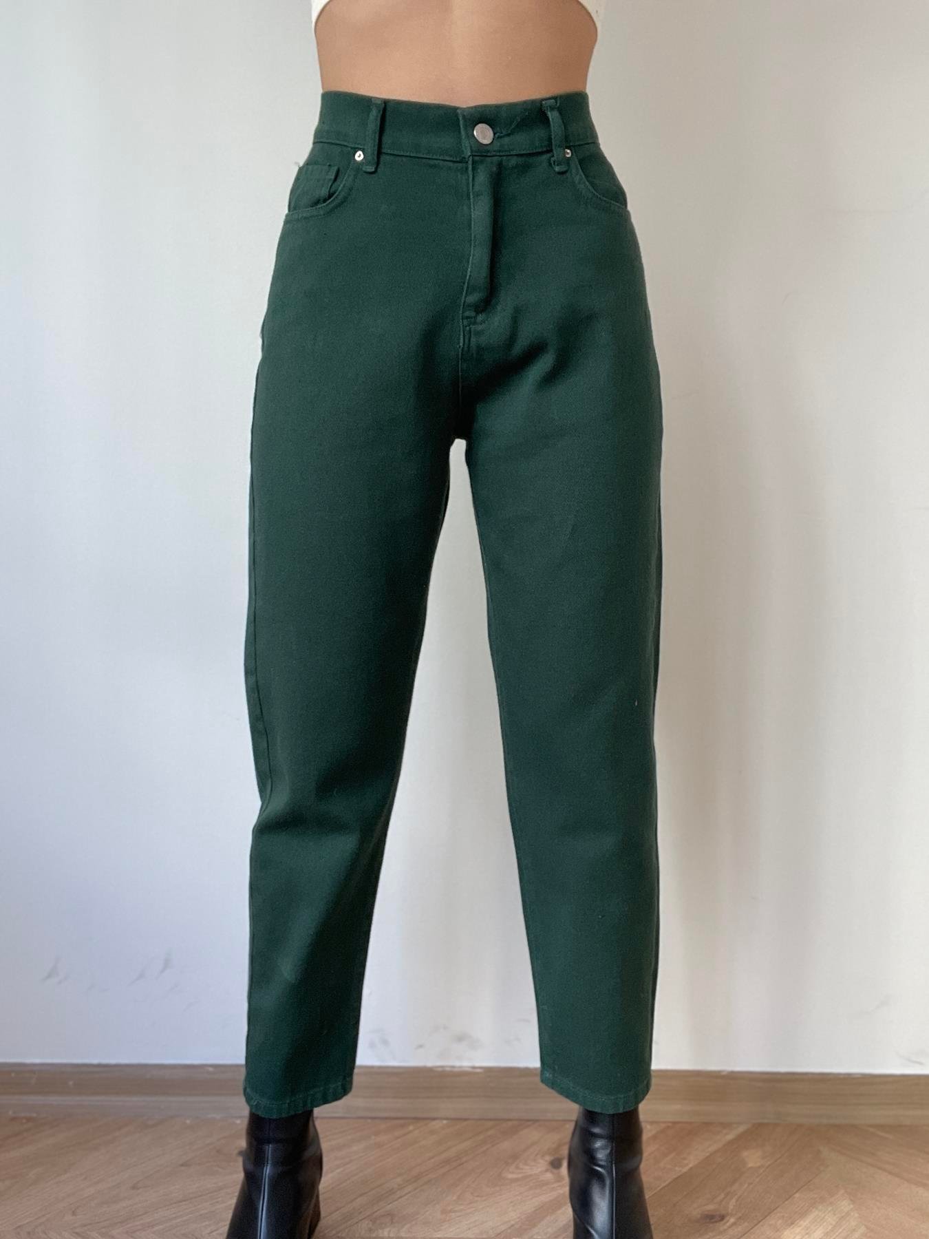 Gabardin Mom Fıt Pantolon YEŞİL