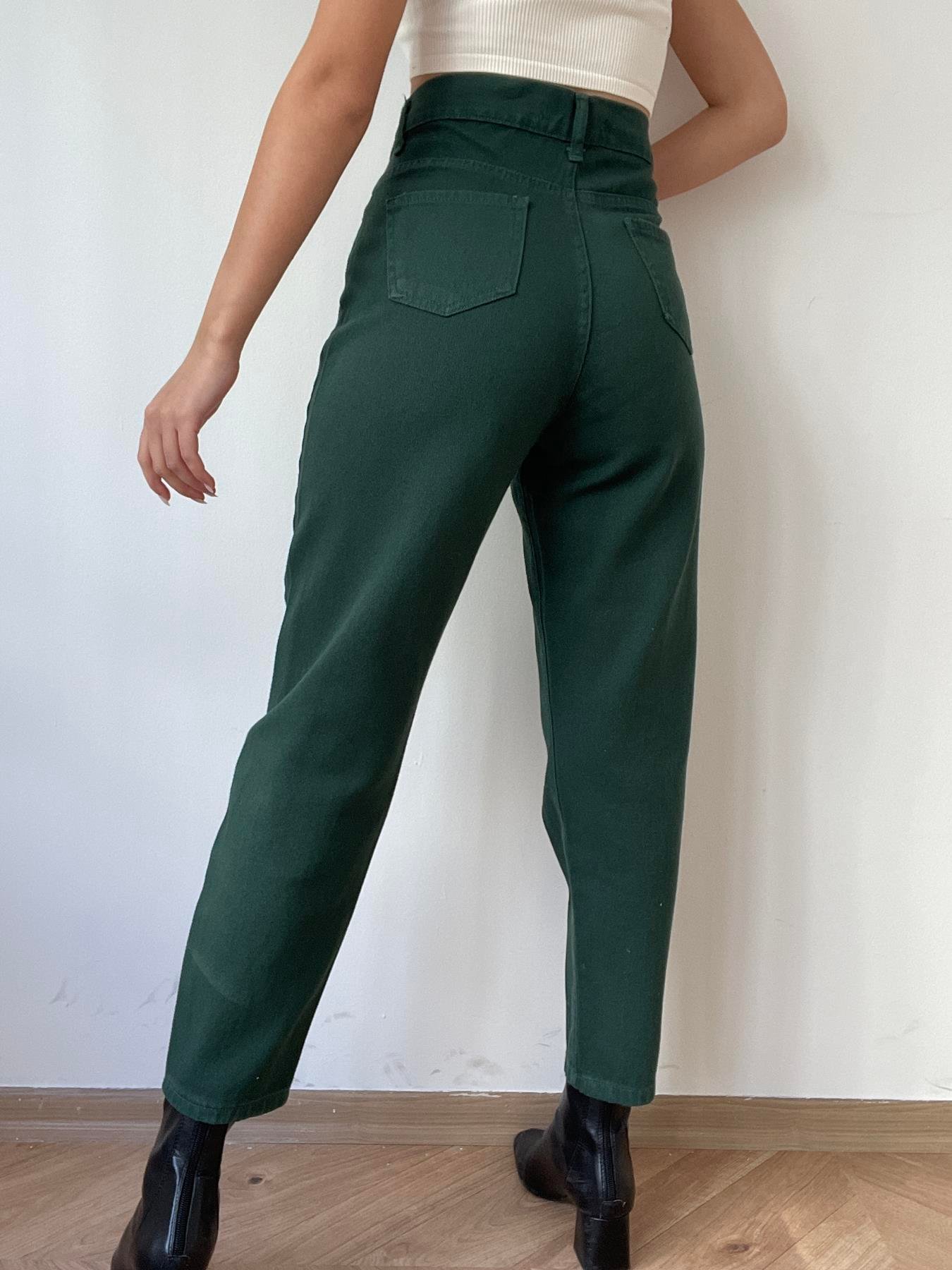 Gabardin Mom Fıt Pantolon YEŞİL
