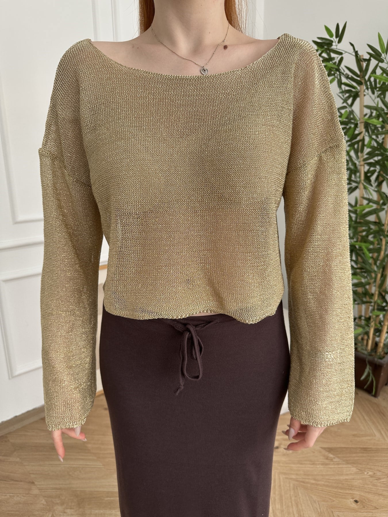 Geniş Kol Parlak Crop Bluz Gold