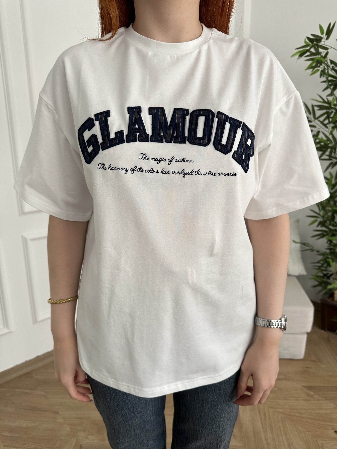 Glamour Nakışlı T-shirt Ekru