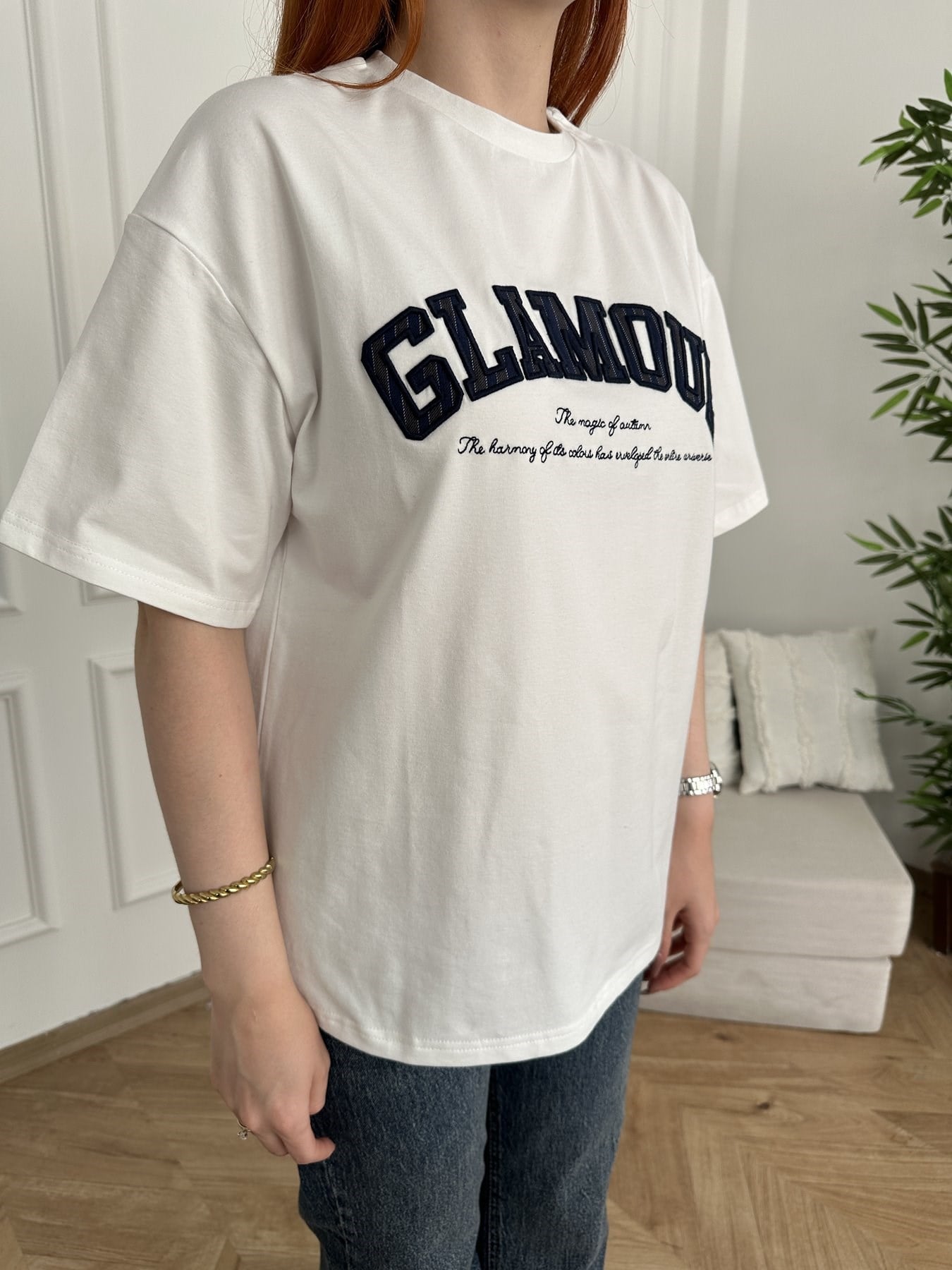 Glamour Nakışlı T-shirt Ekru