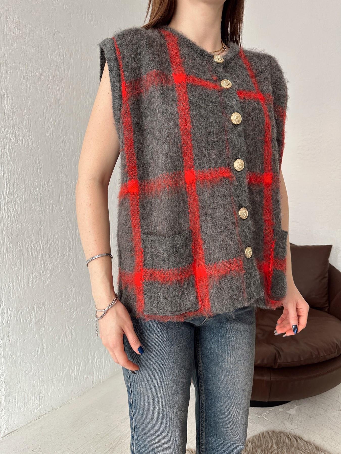 Gold Düğmeli Desenli Hırka ANTRASİT