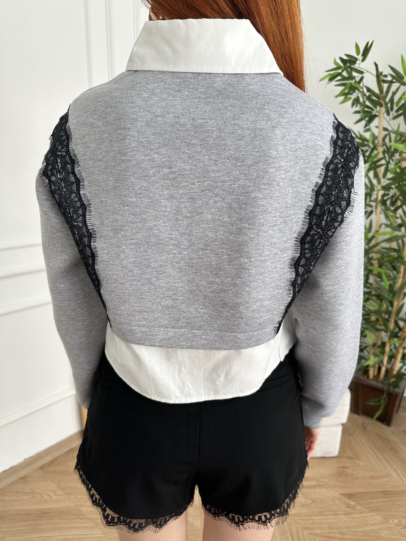 Gömlek Detay Dantel Garnili Sweatshirt Gri melanj