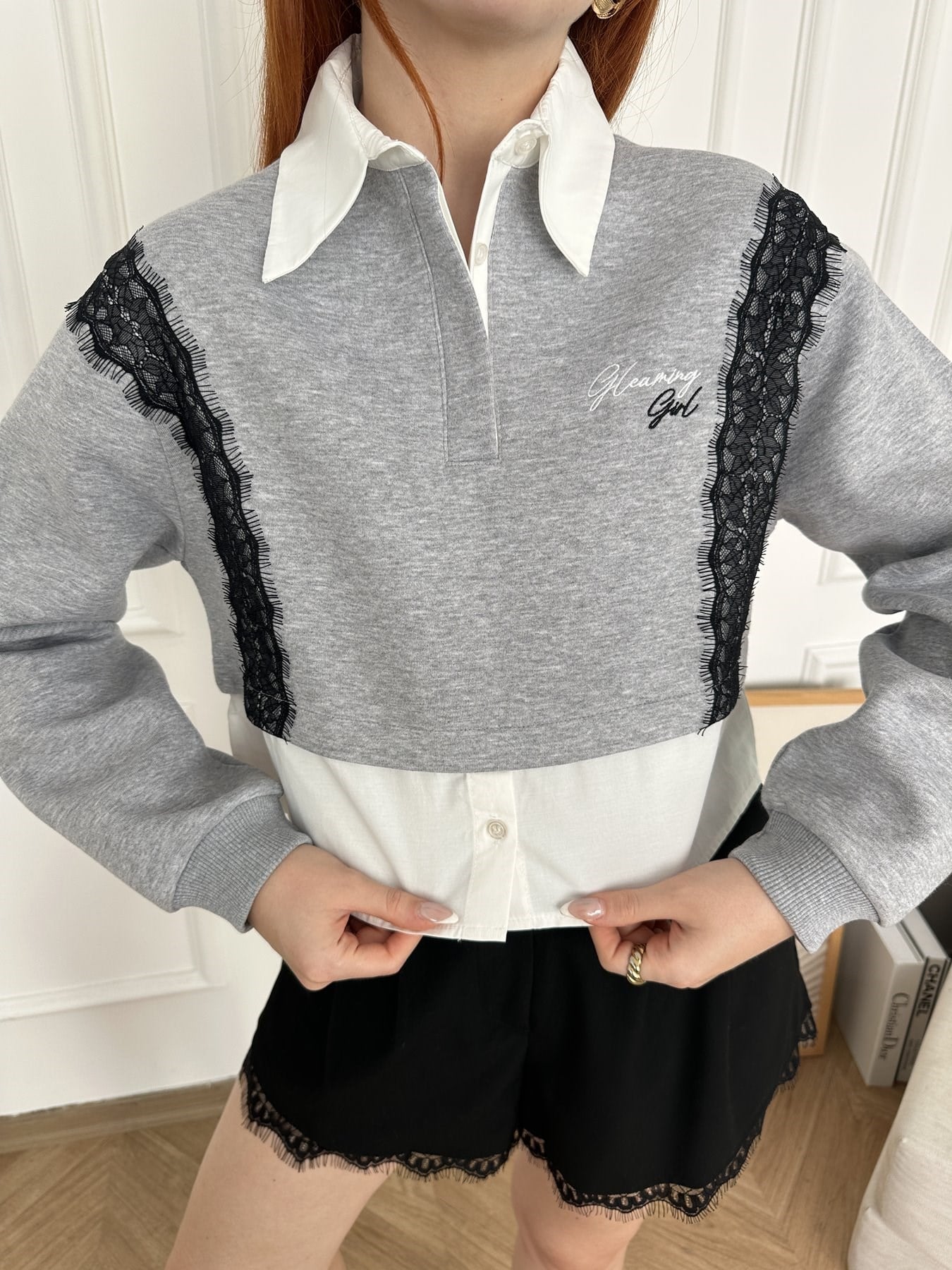 Gömlek Detay Dantel Garnili Sweatshirt Gri melanj