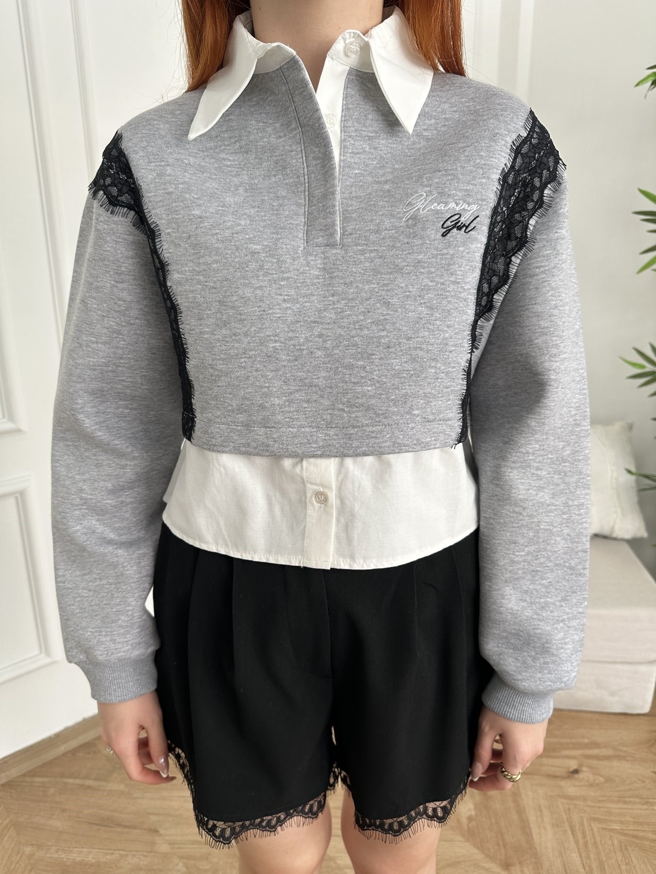 Gömlek Detay Dantel Garnili Sweatshirt Gri melanj
