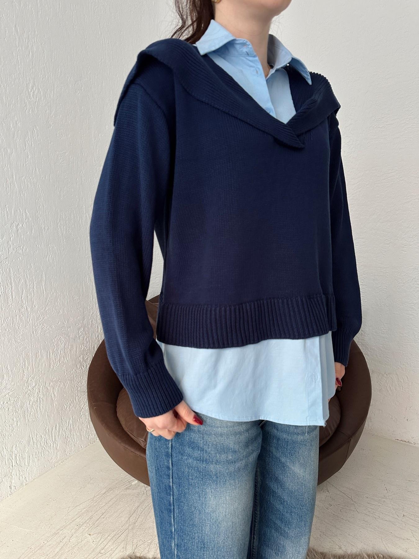 Gömlek Detay Şal Yaka Triko LACİVERT