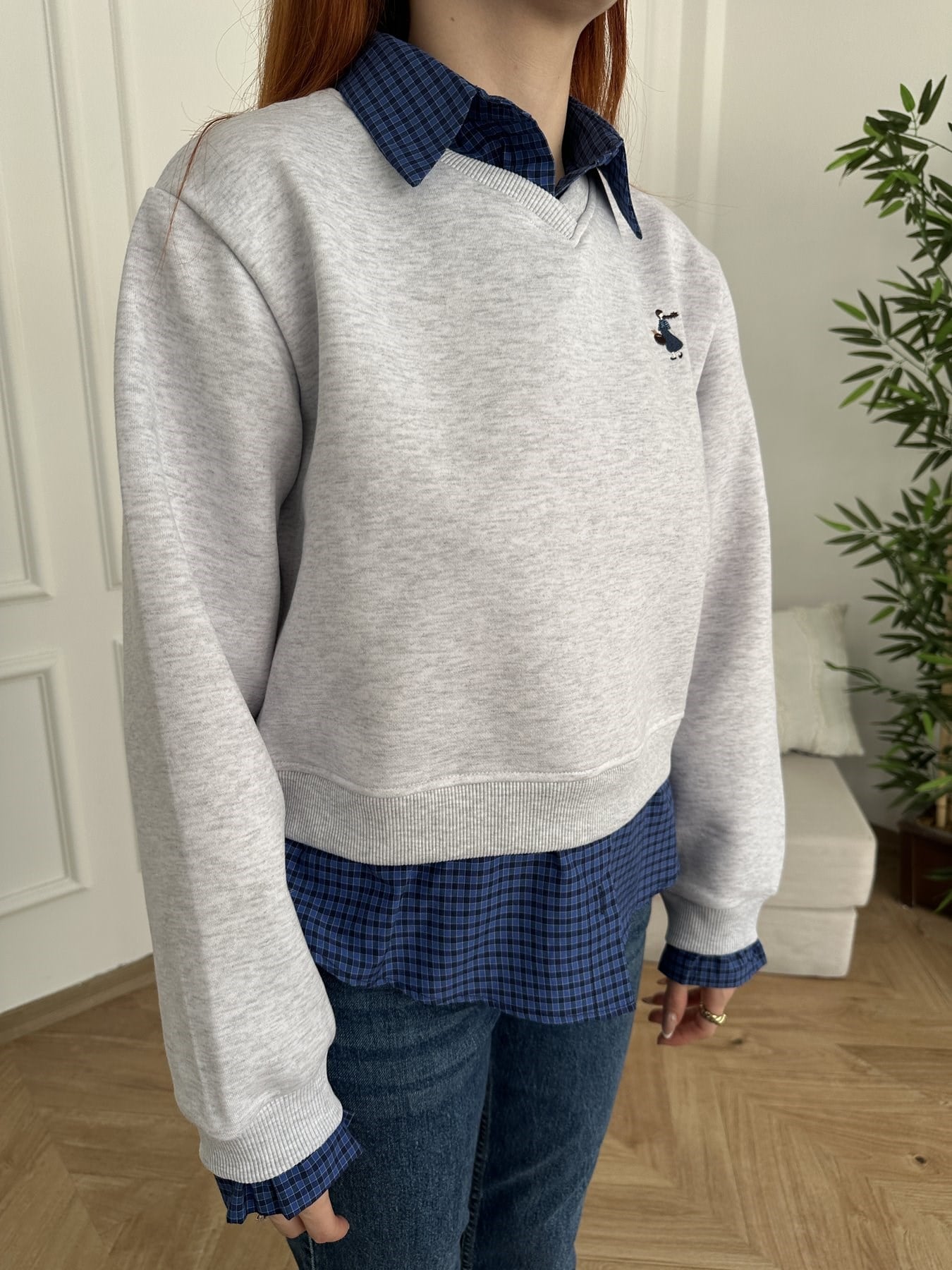 Gömlek Detaylı Nakışlı Sweatshirt Kar melanj
