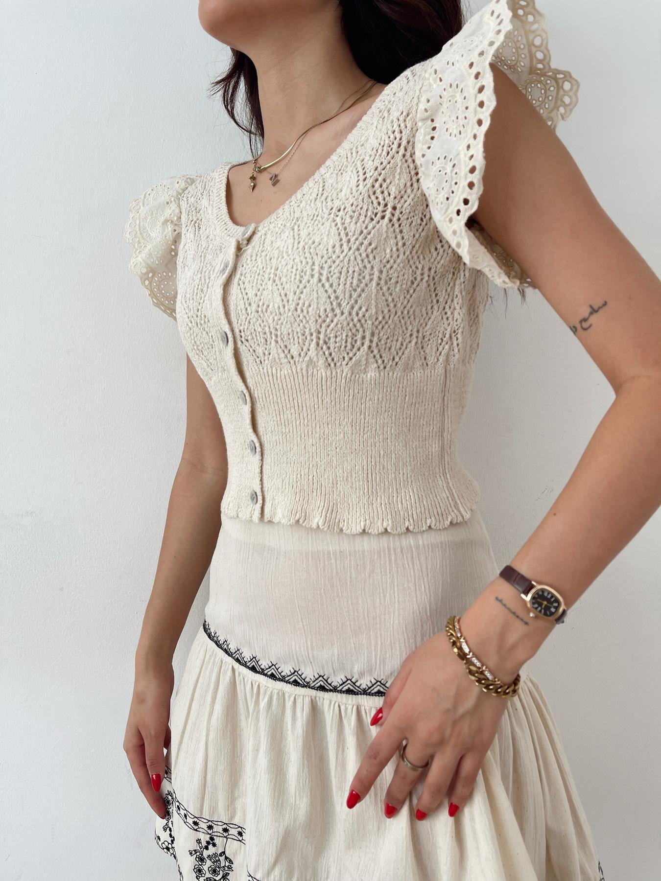 Güpürlü Triko Hırka Naturel