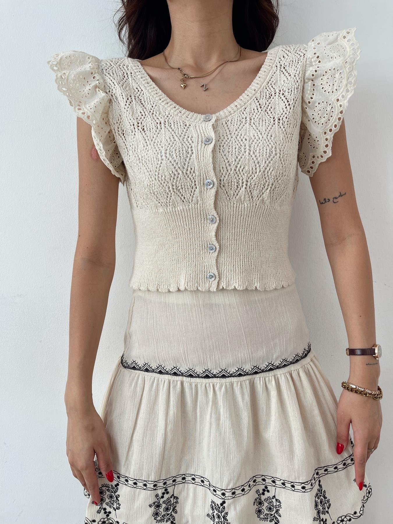 Güpürlü Triko Hırka Naturel