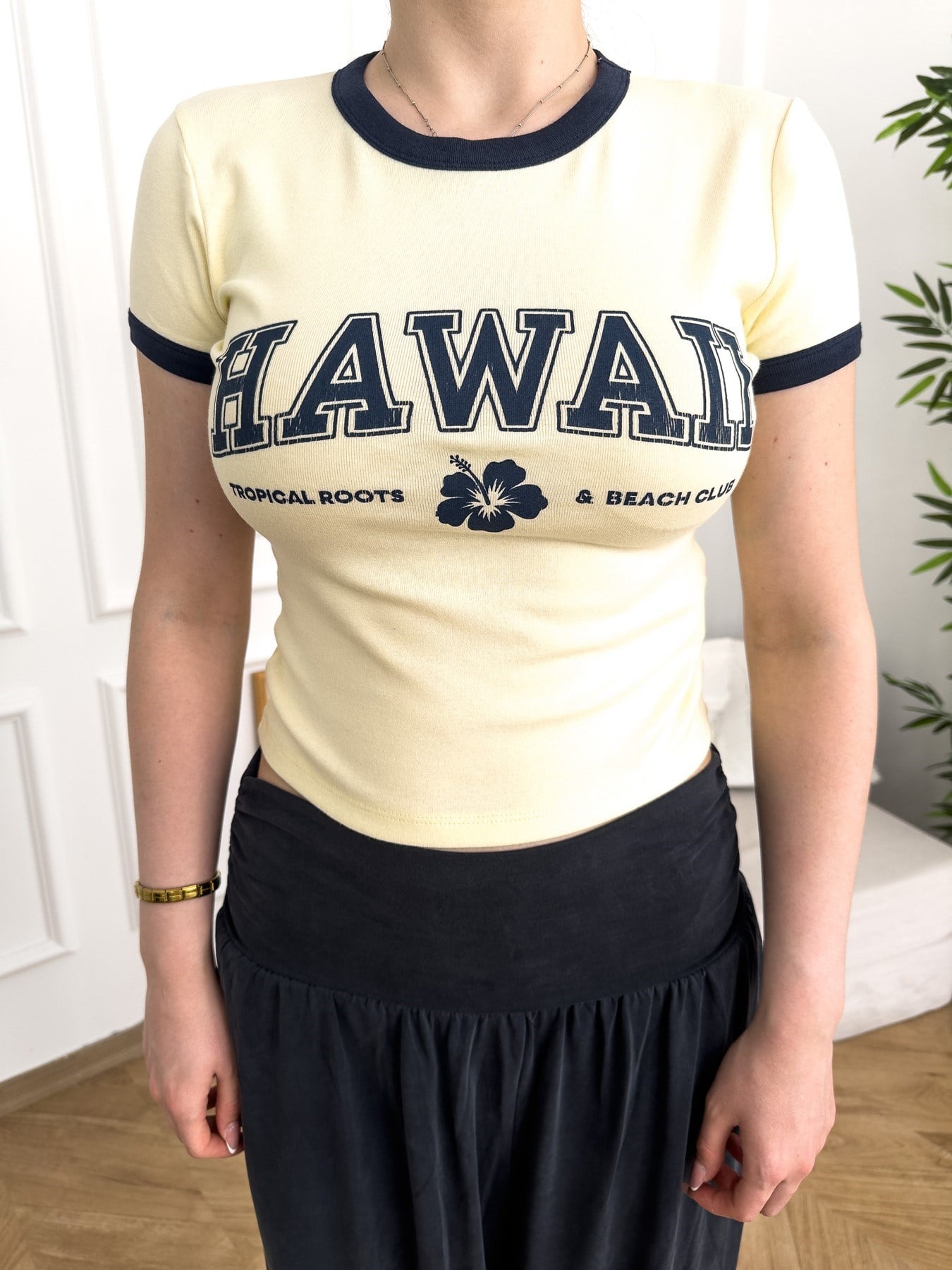 Hawaii Baskılı Slim Fit T-shirt Sarı