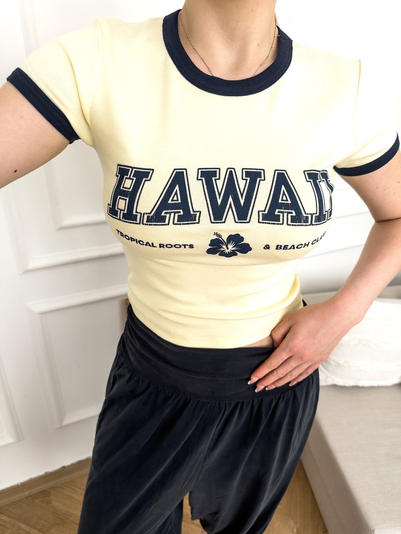 Hawaii Baskılı Slim Fit T-shirt Sarı