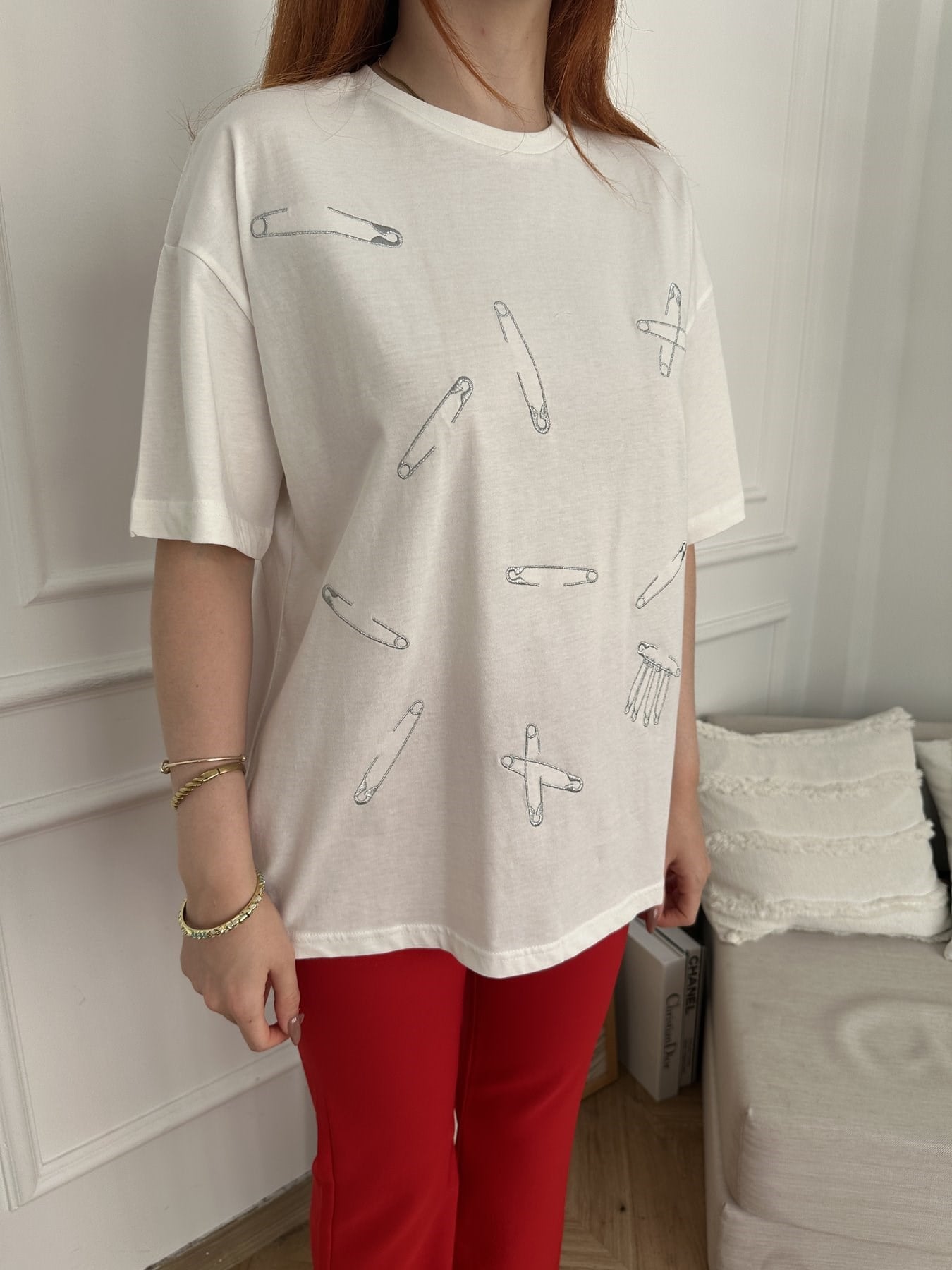 İğne Nakışlı T-shirt Ekru