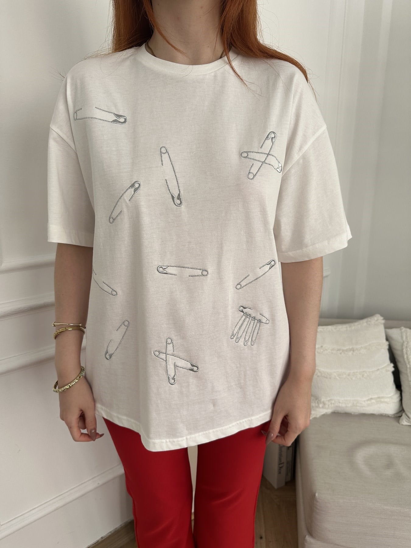 İğne Nakışlı T-shirt Ekru