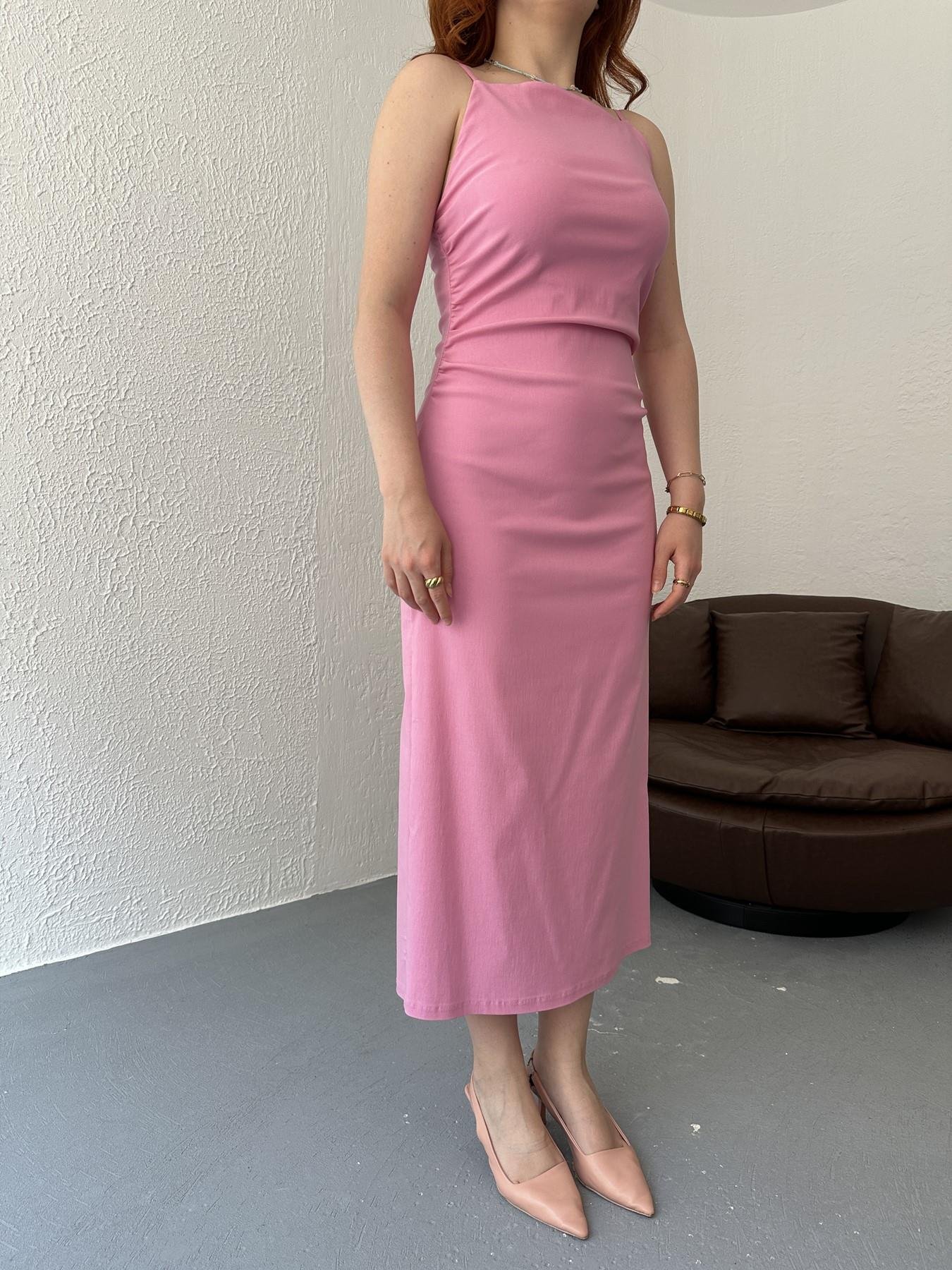 İnce Askılı  Büzgülü Elbise Şeker pembe