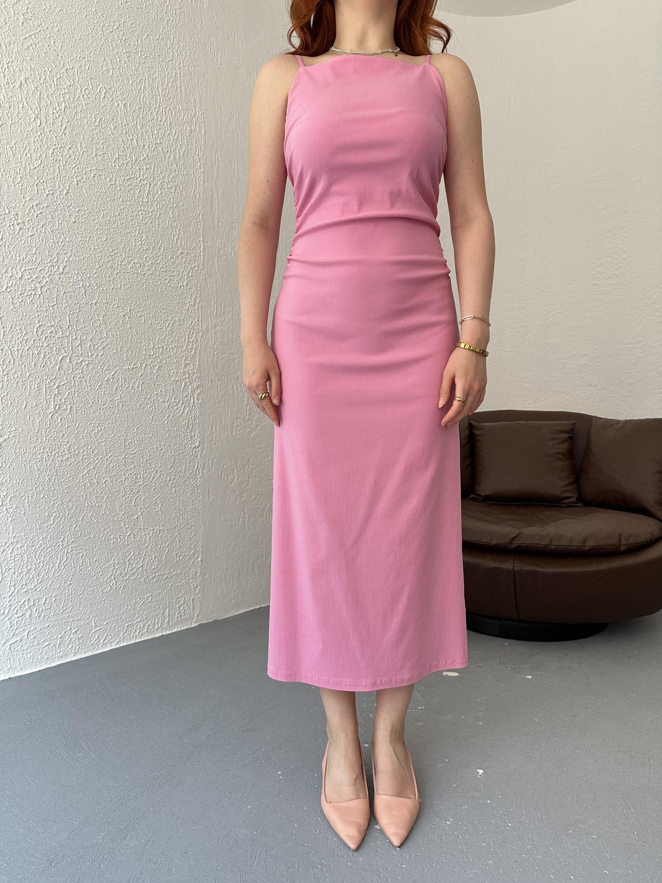 İnce Askılı  Büzgülü Elbise Şeker pembe