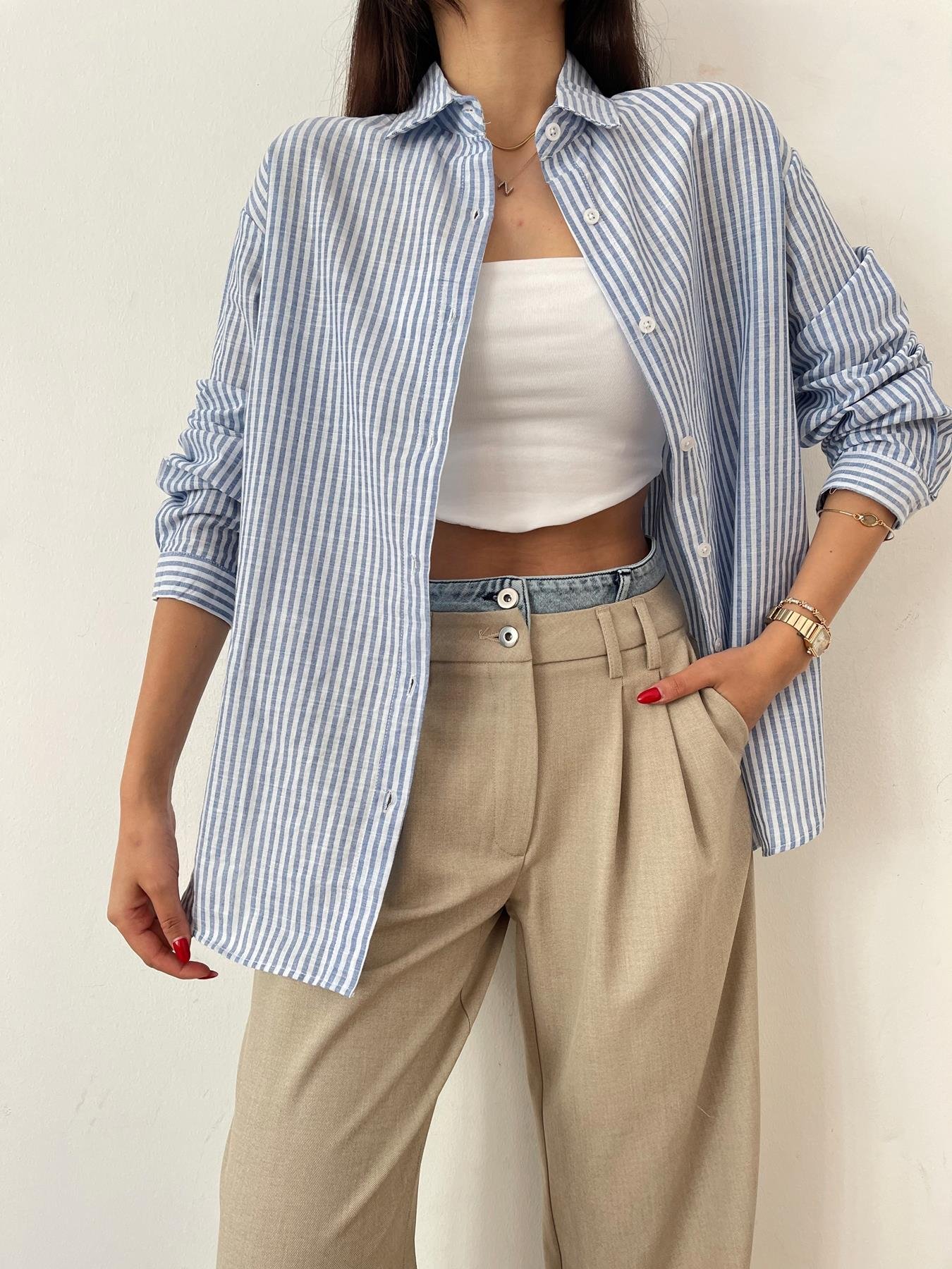 İnce Çizgili Gömlek MAVİ