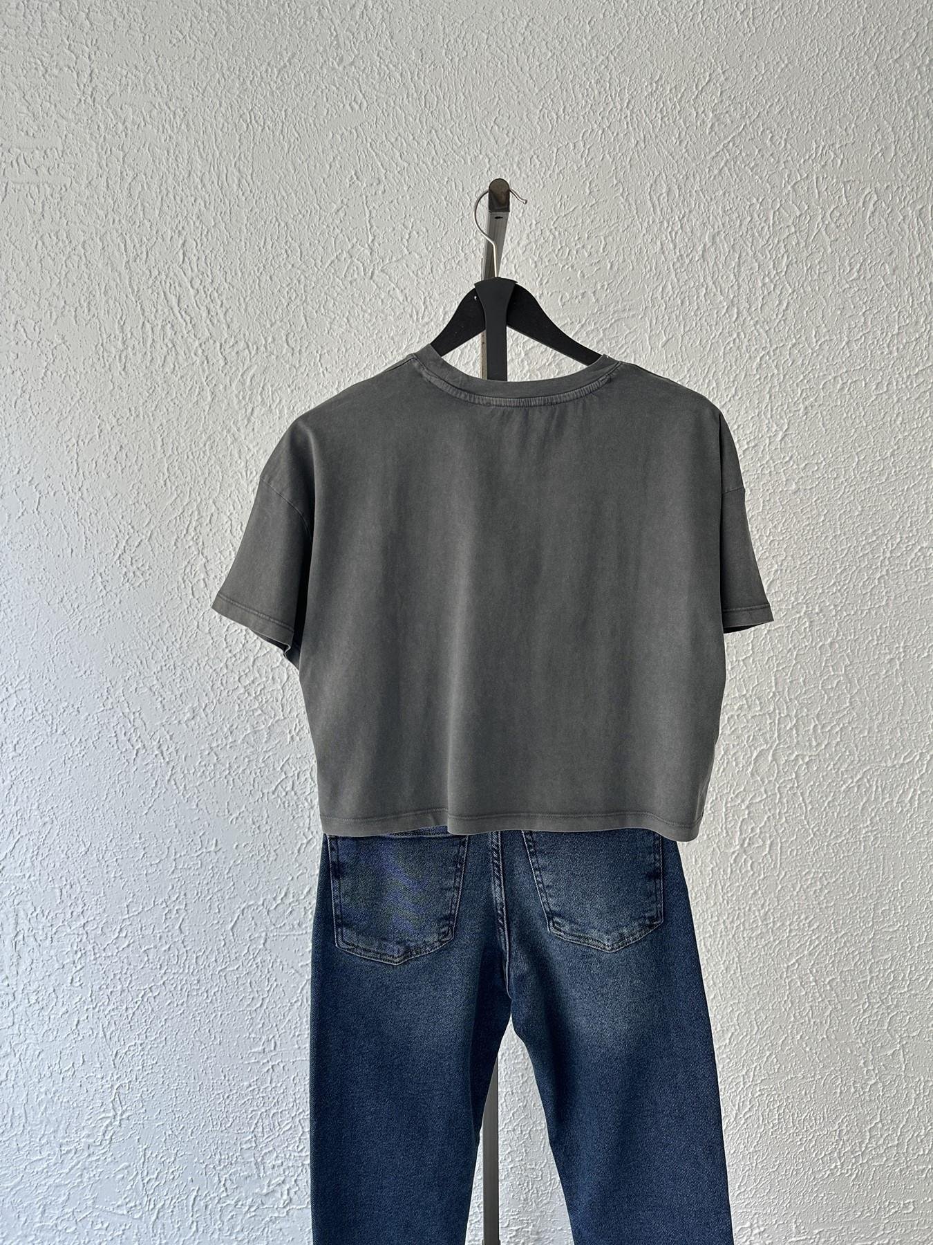 İnce Taşlı Bisiklet Yaka Tişört Antrasit