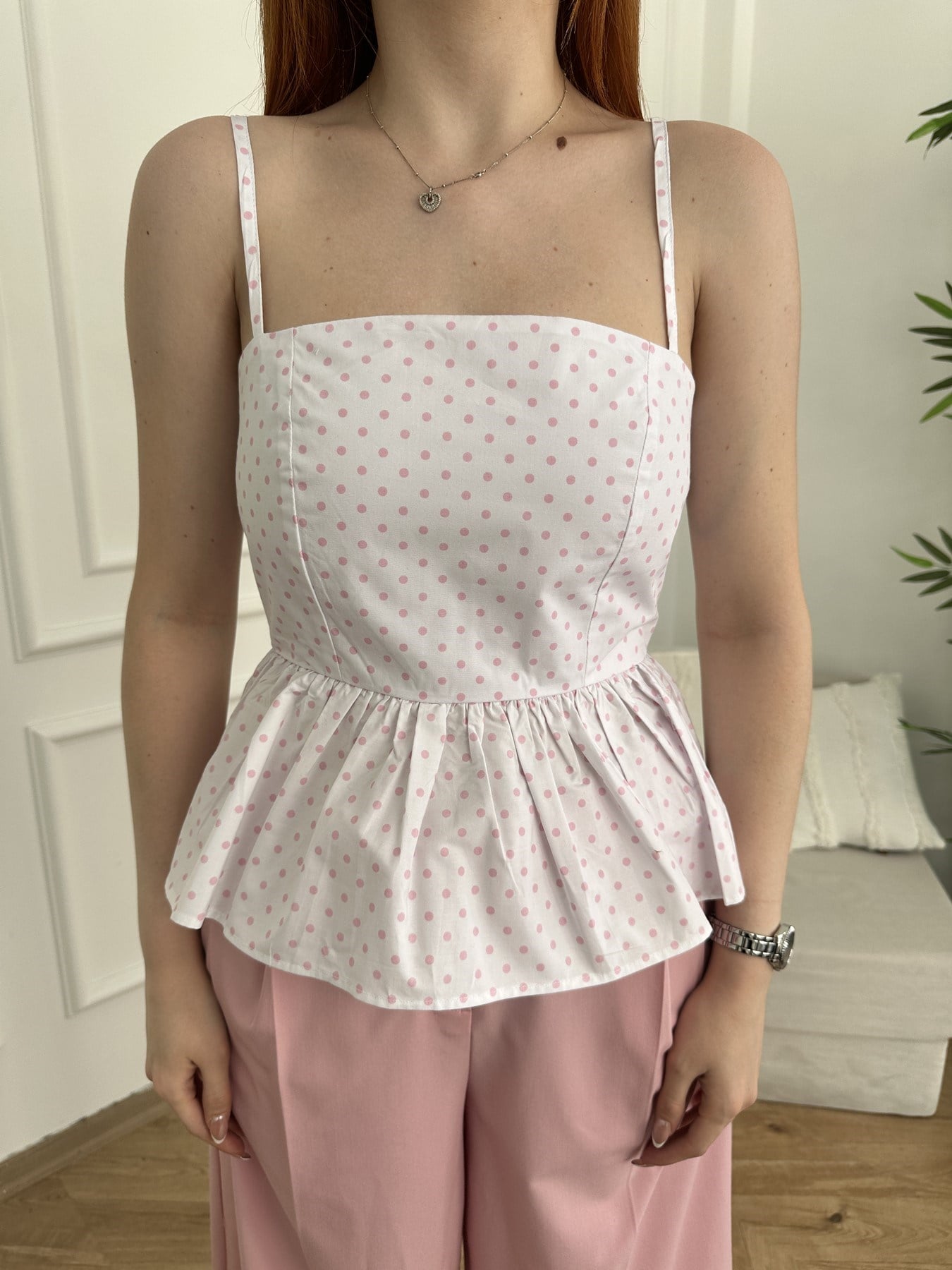 İp Askılı Puantiyeli Bluz Ekru-pembe