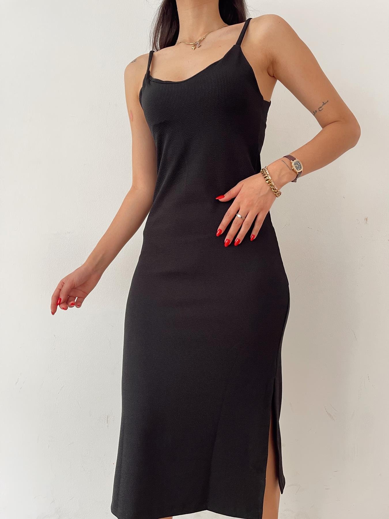 İp Askılı Yıtrmaçlı Elbise SİYAH