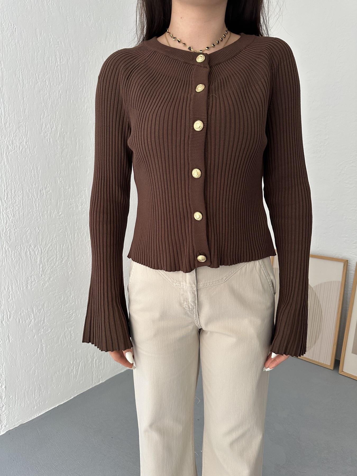 İspanyol Kol Bando Düğme Hırka Kahve