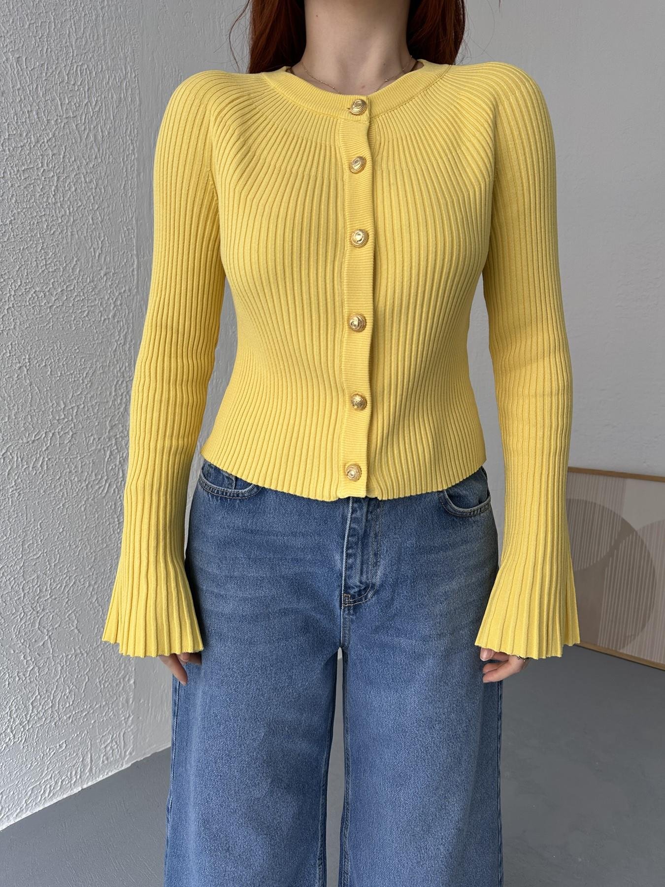 İspanyol Kol Bando Düğme Hırka Koyu sarı