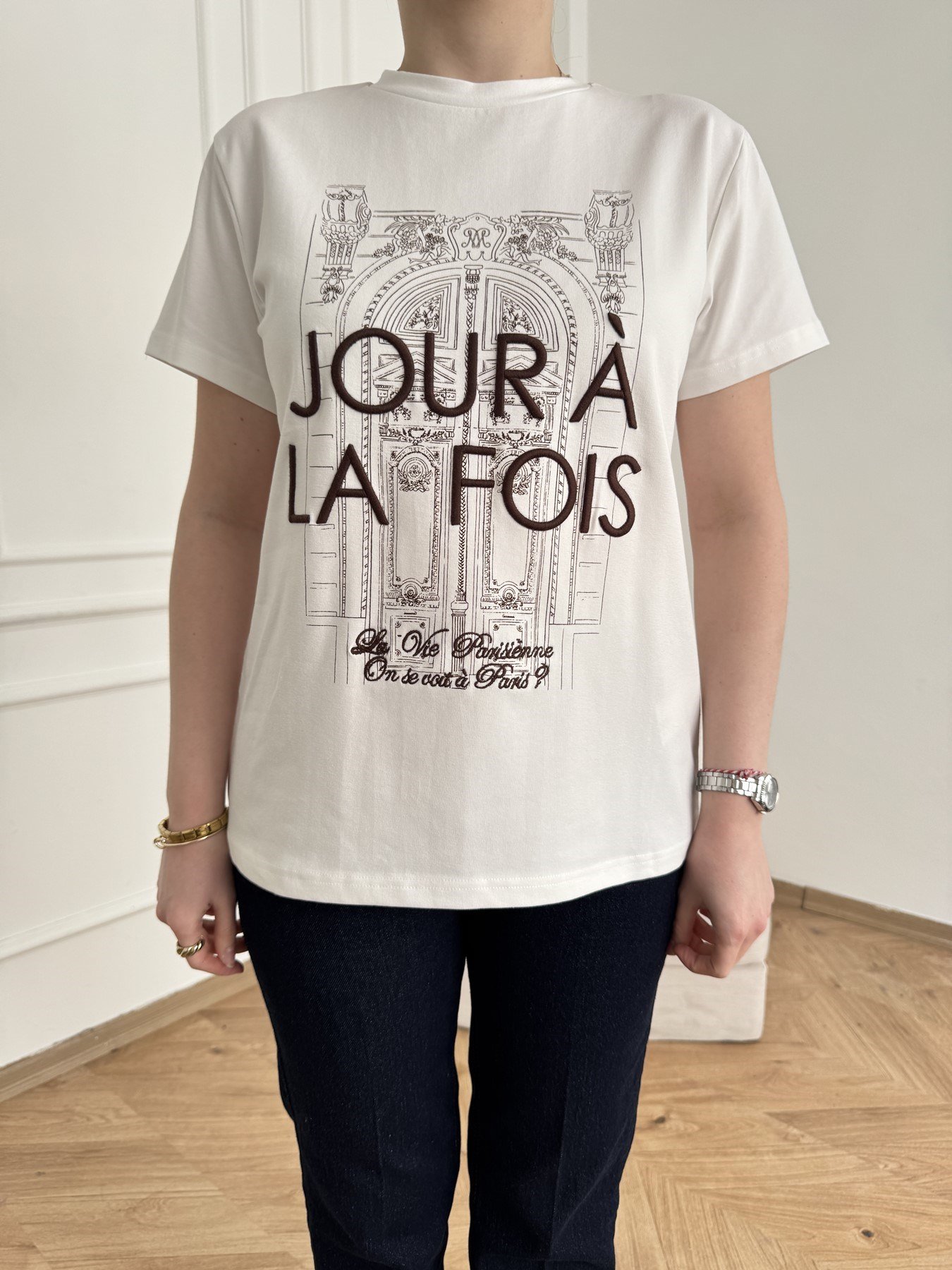 Joir A La Fois Nakışlı T-shirt Ekru-kahve