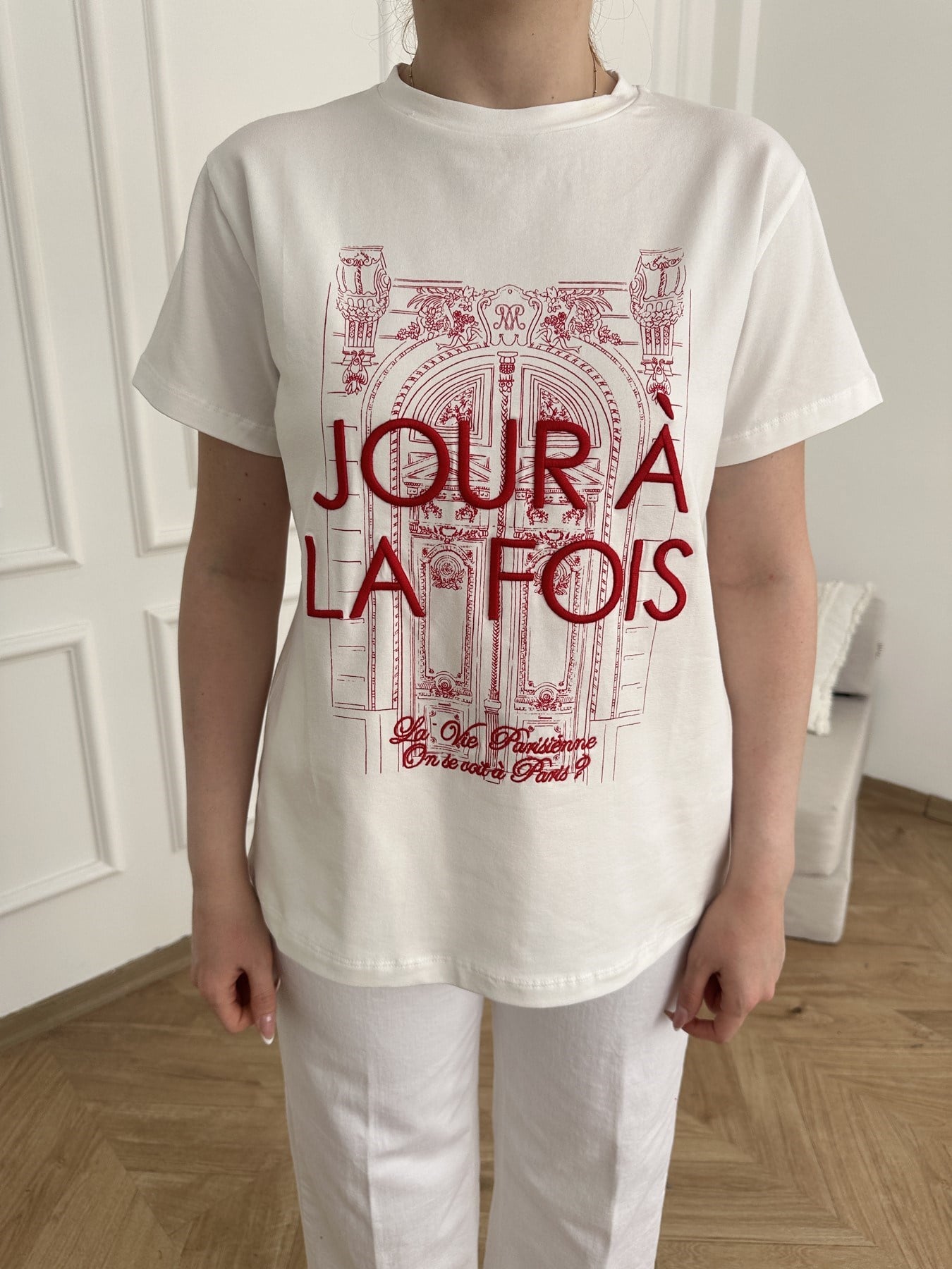 Joir A La Fois Nakışlı T-shirt Ekru-kırmızı