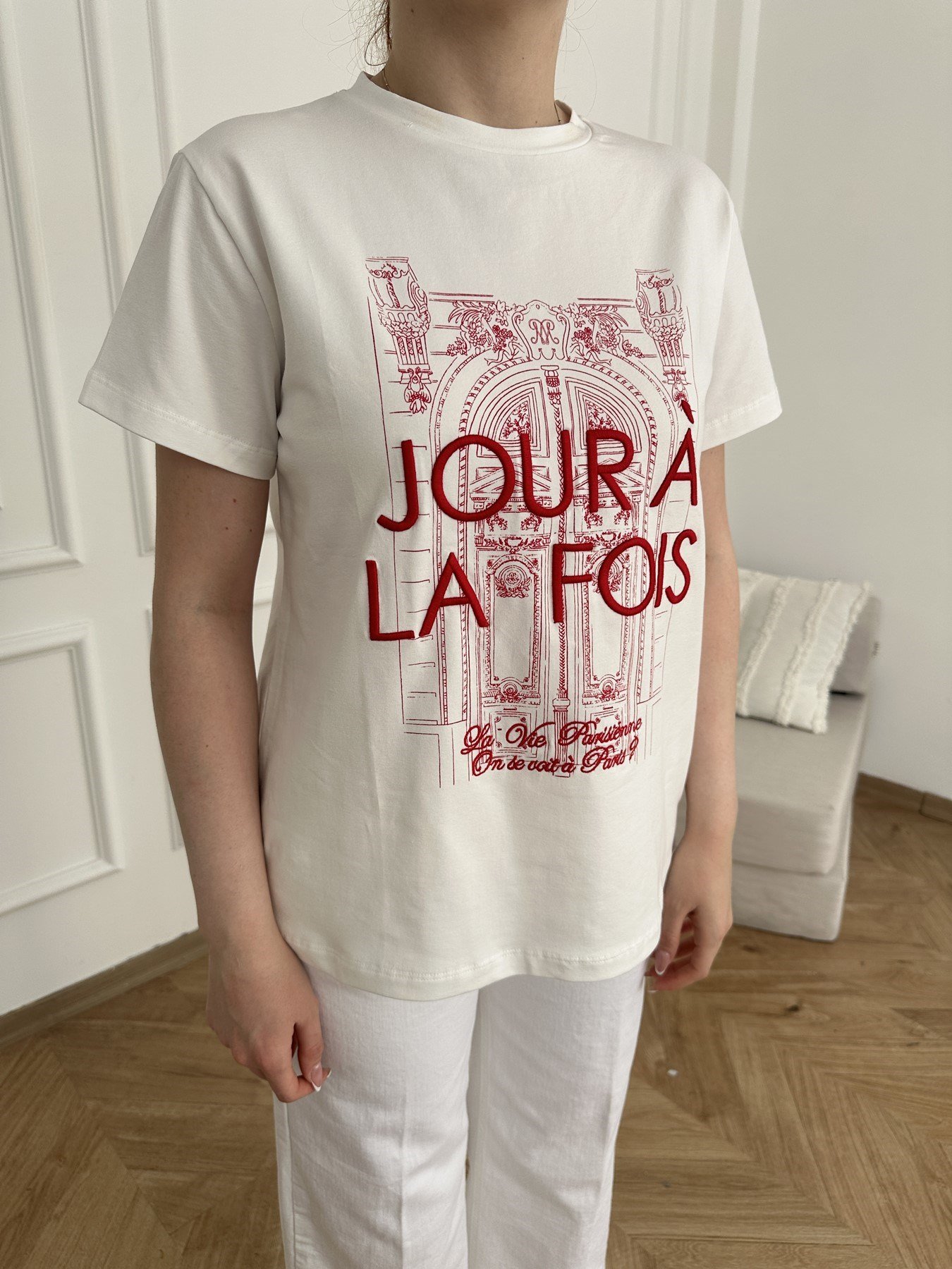 Joir A La Fois Nakışlı T-shirt Ekru-kırmızı