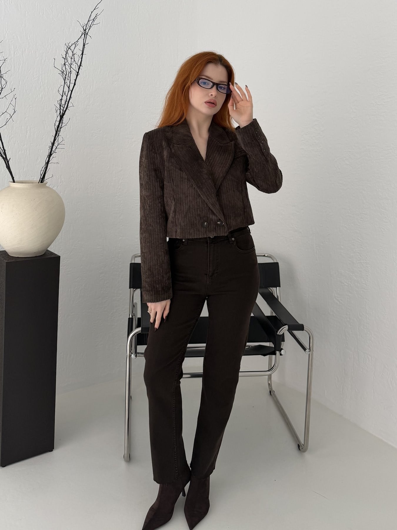 Kadife Crop Ceket Kahve
