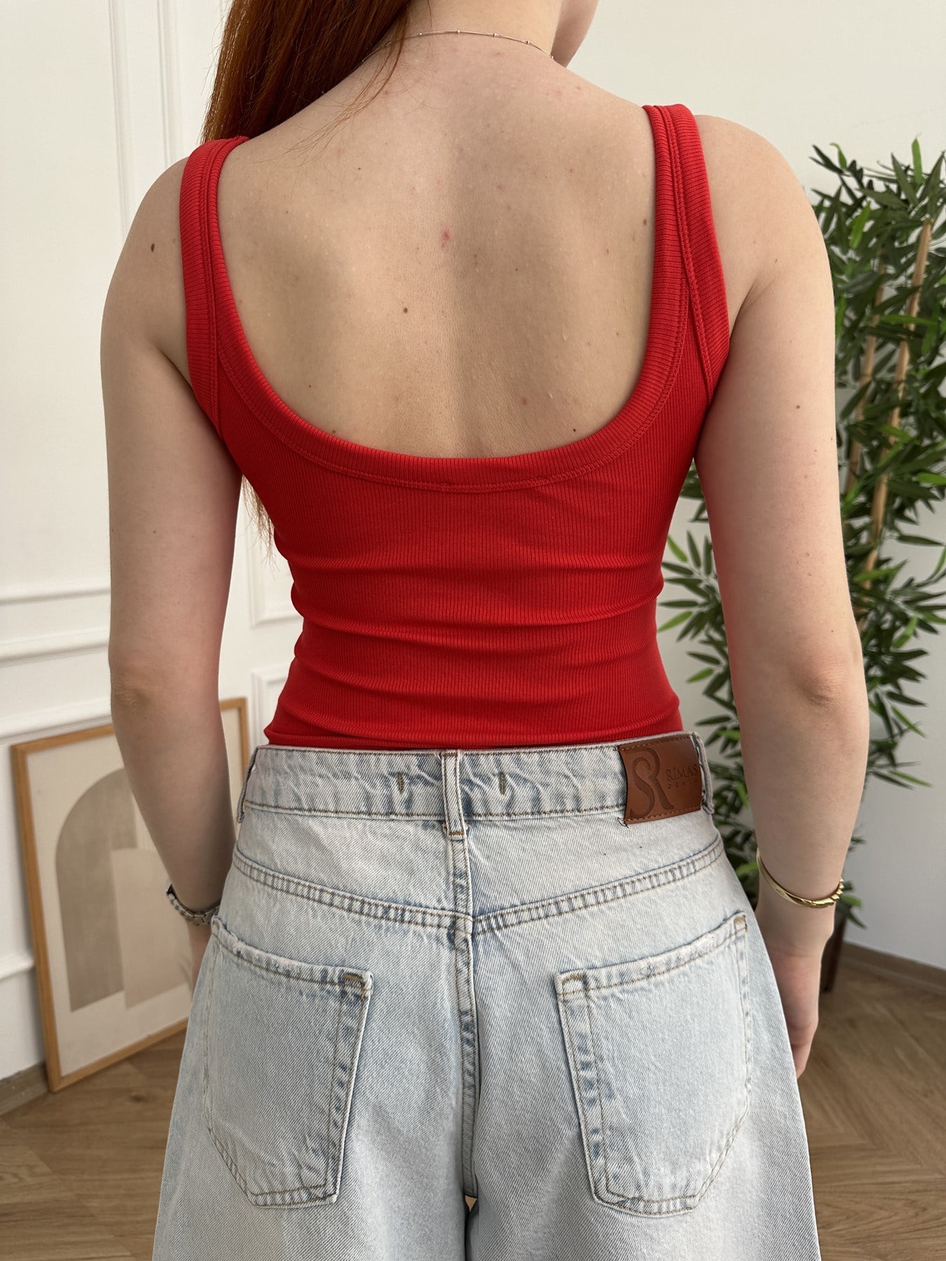 Kalın Askılı Fitilli Bodysuit Kırmızı