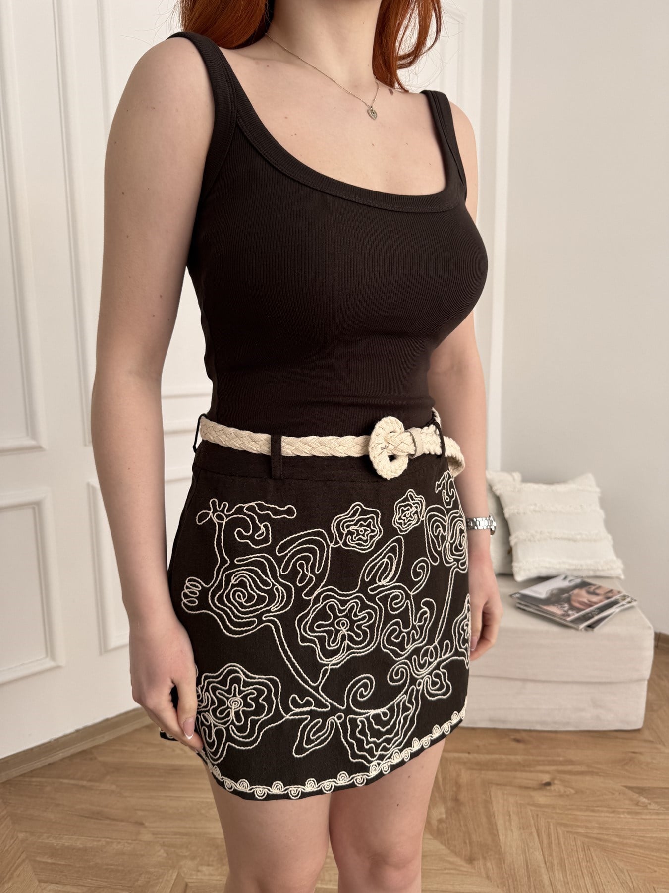 Kalın Askılı Fitilli Bodysuit Koyu kahve