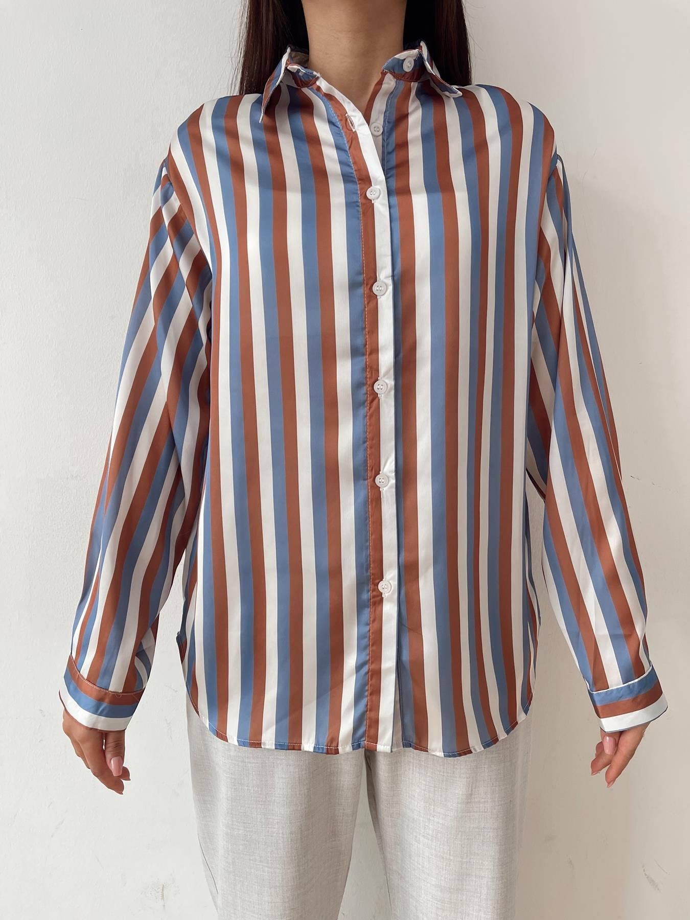 Kalın Çizgili Saten Gömlek MAVİ