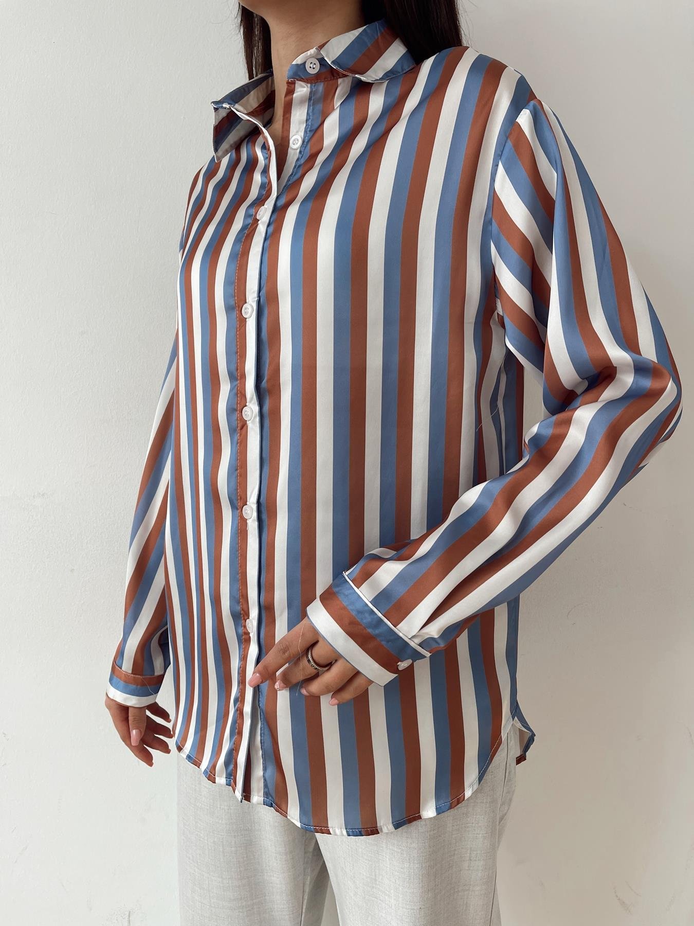 Kalın Çizgili Saten Gömlek MAVİ