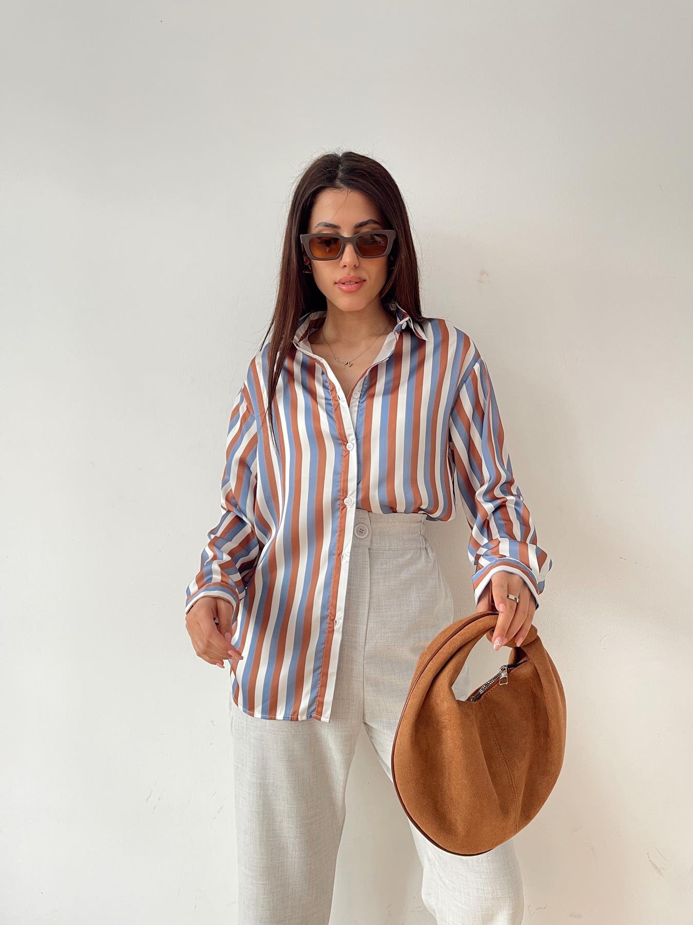 Kalın Çizgili Saten Gömlek MAVİ