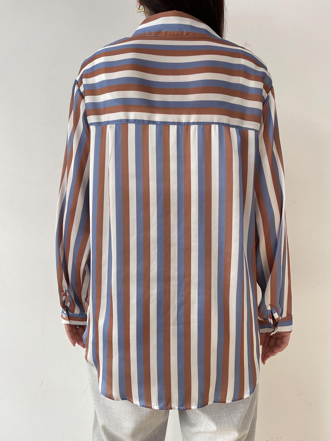 Kalın Çizgili Saten Gömlek MAVİ