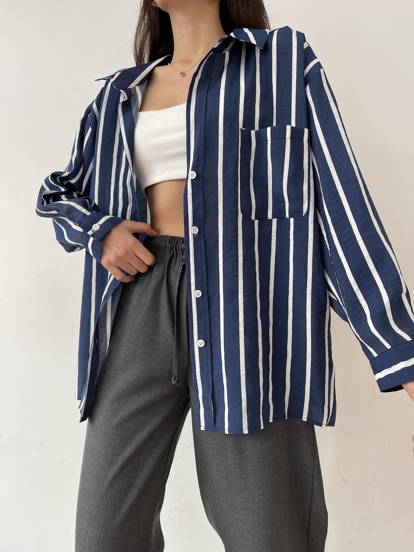 Kalın Çizgili Tek Cep Gömlek LACİVERT