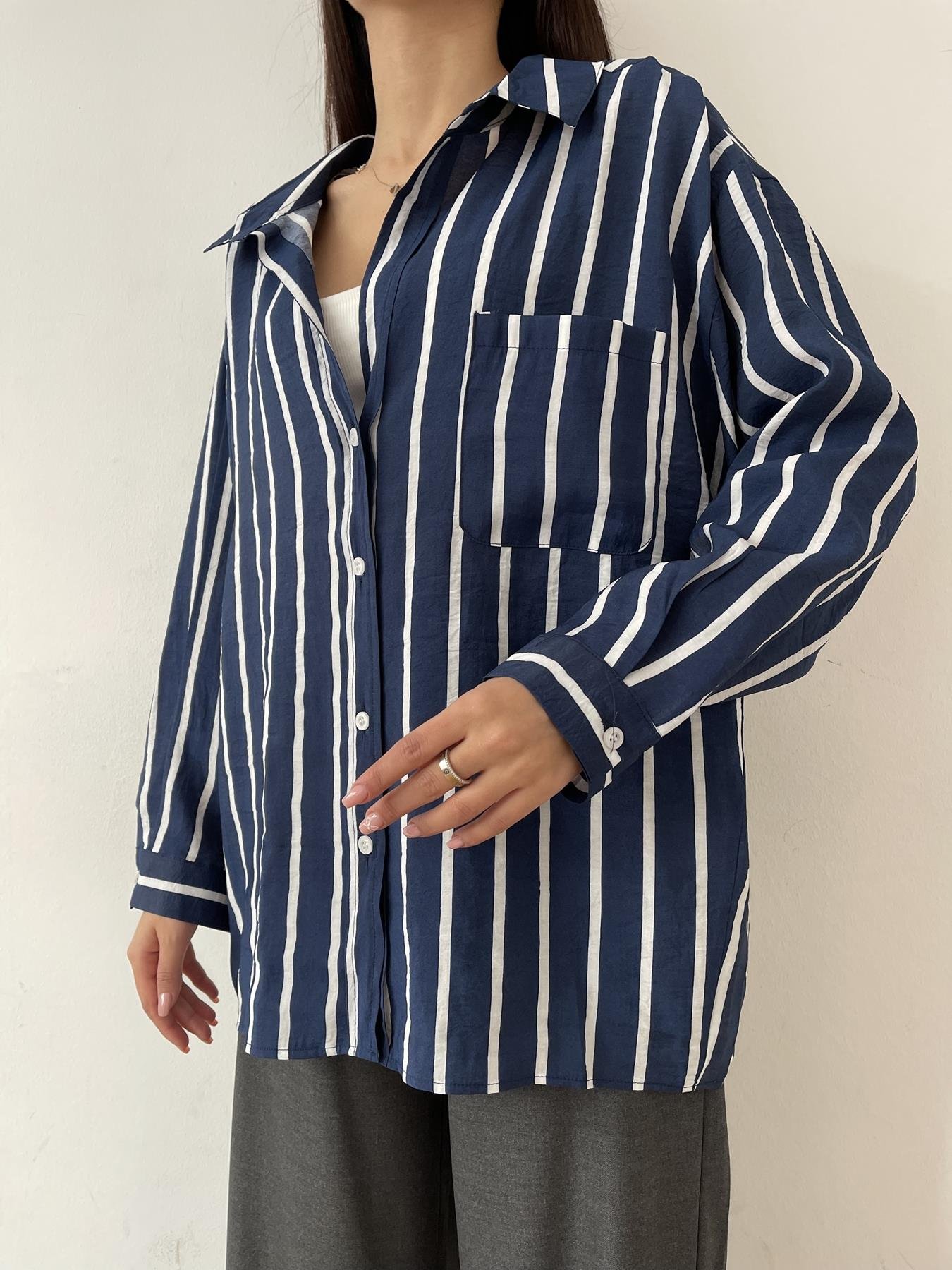 Kalın Çizgili Tek Cep Gömlek LACİVERT