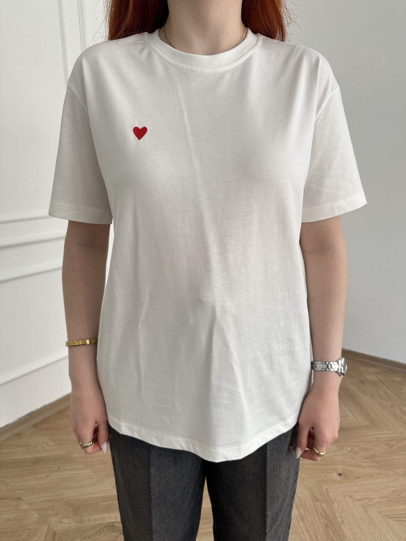 Kalp Nakışlı T-shirt Beyaz