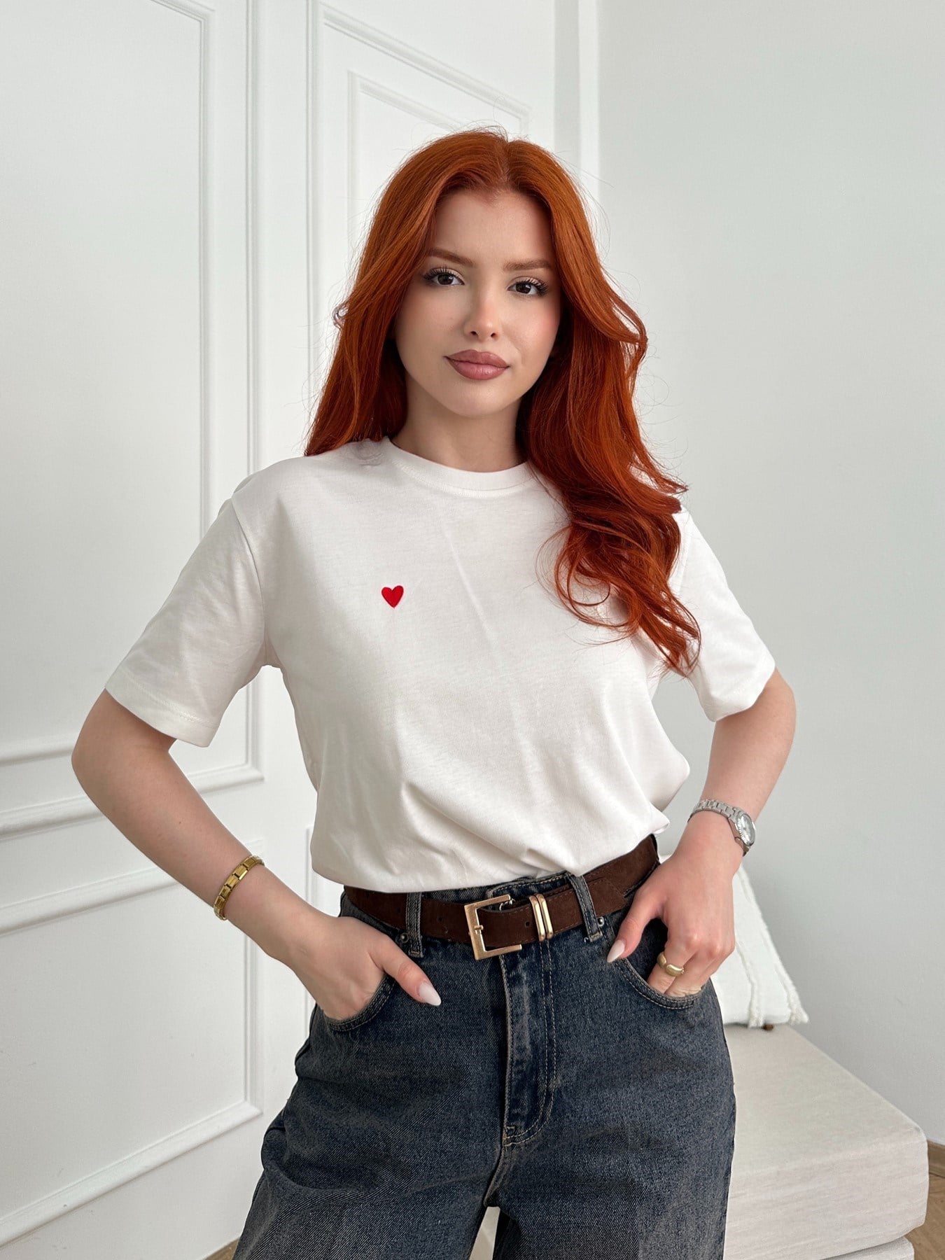 Kalp Nakışlı T-shirt Beyaz