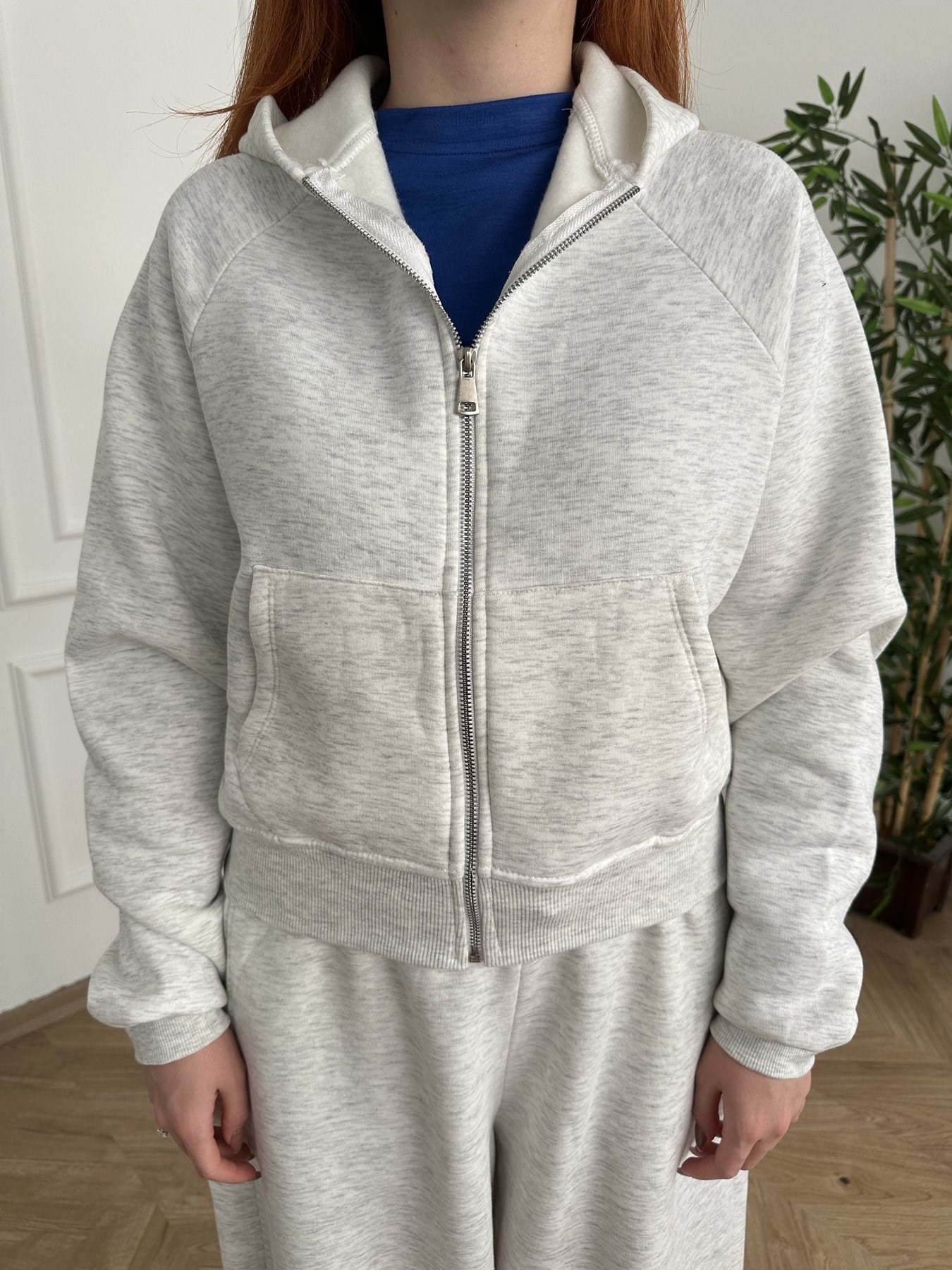 Kapşonlu Fermuarlı Sweatshırt Gri melanj