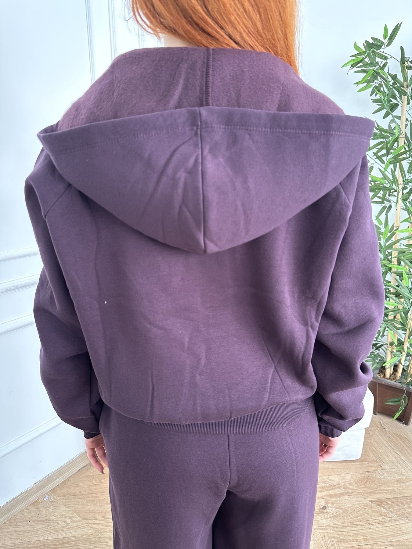 Kapşonlu Fermuarlı Sweatshırt Mürdüm