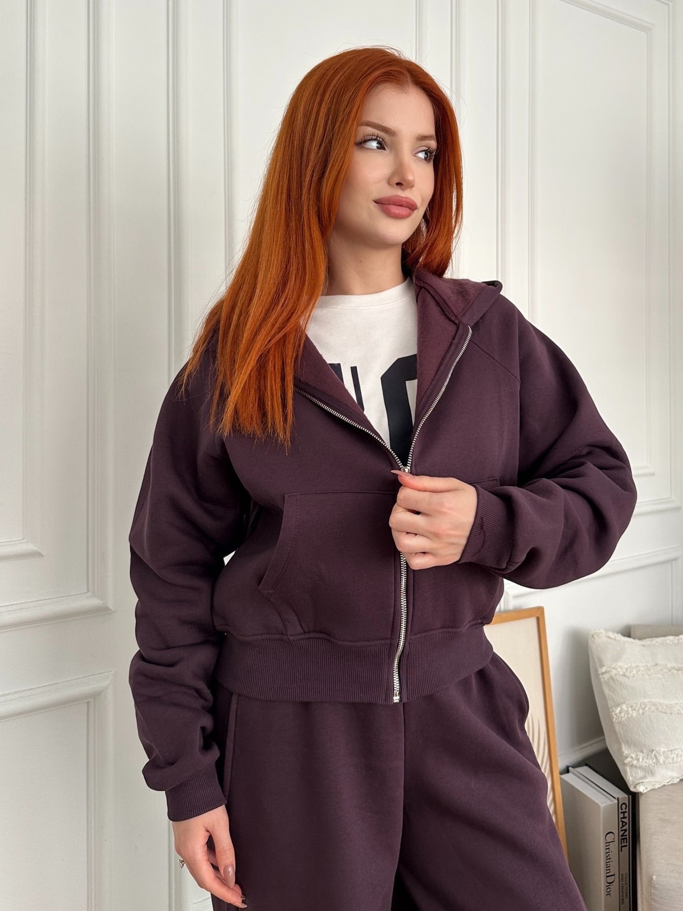 Kapşonlu Fermuarlı Sweatshırt Mürdüm