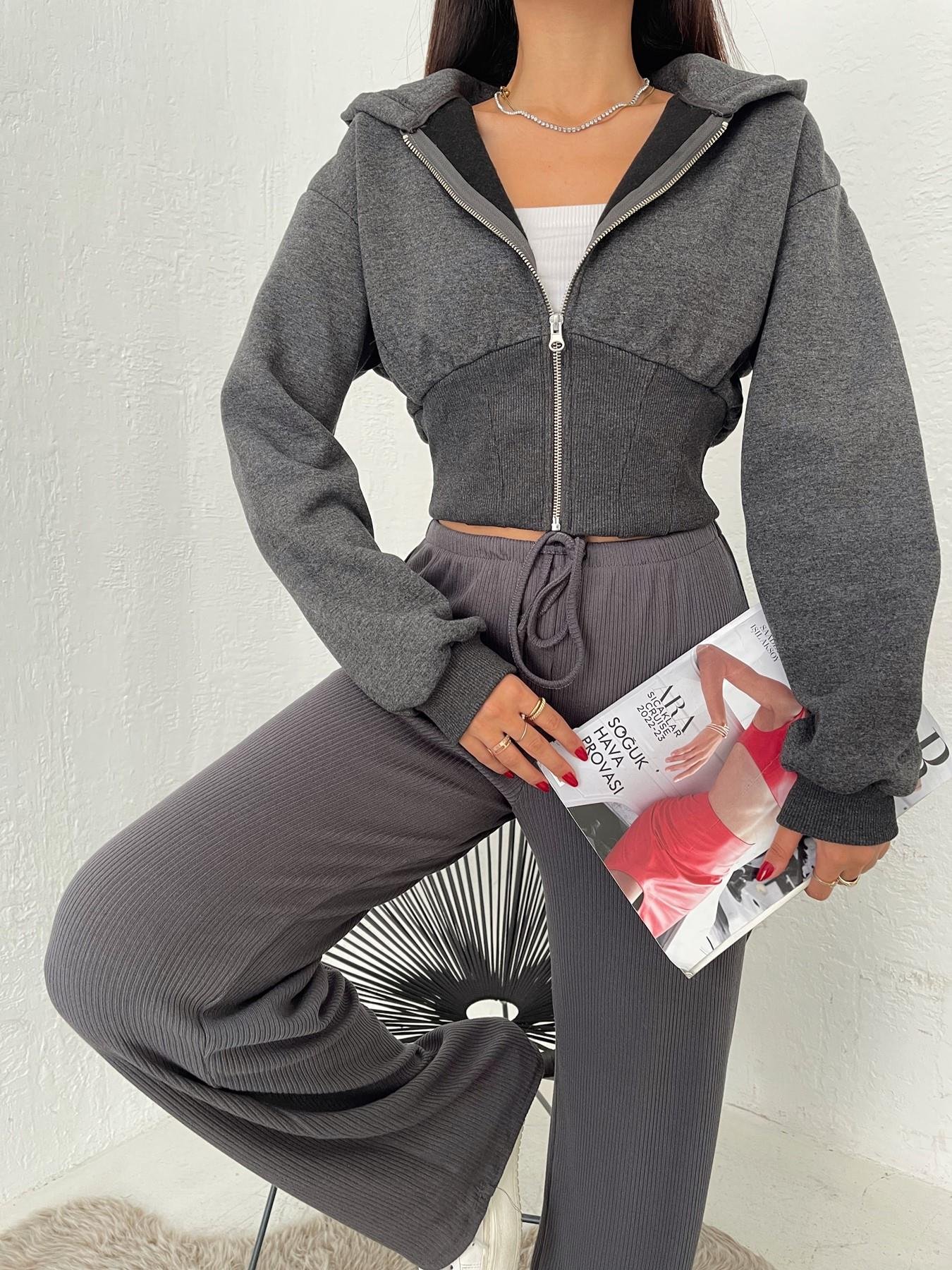 Kapüşonlu Crop Sweatshirt ANTRASİT