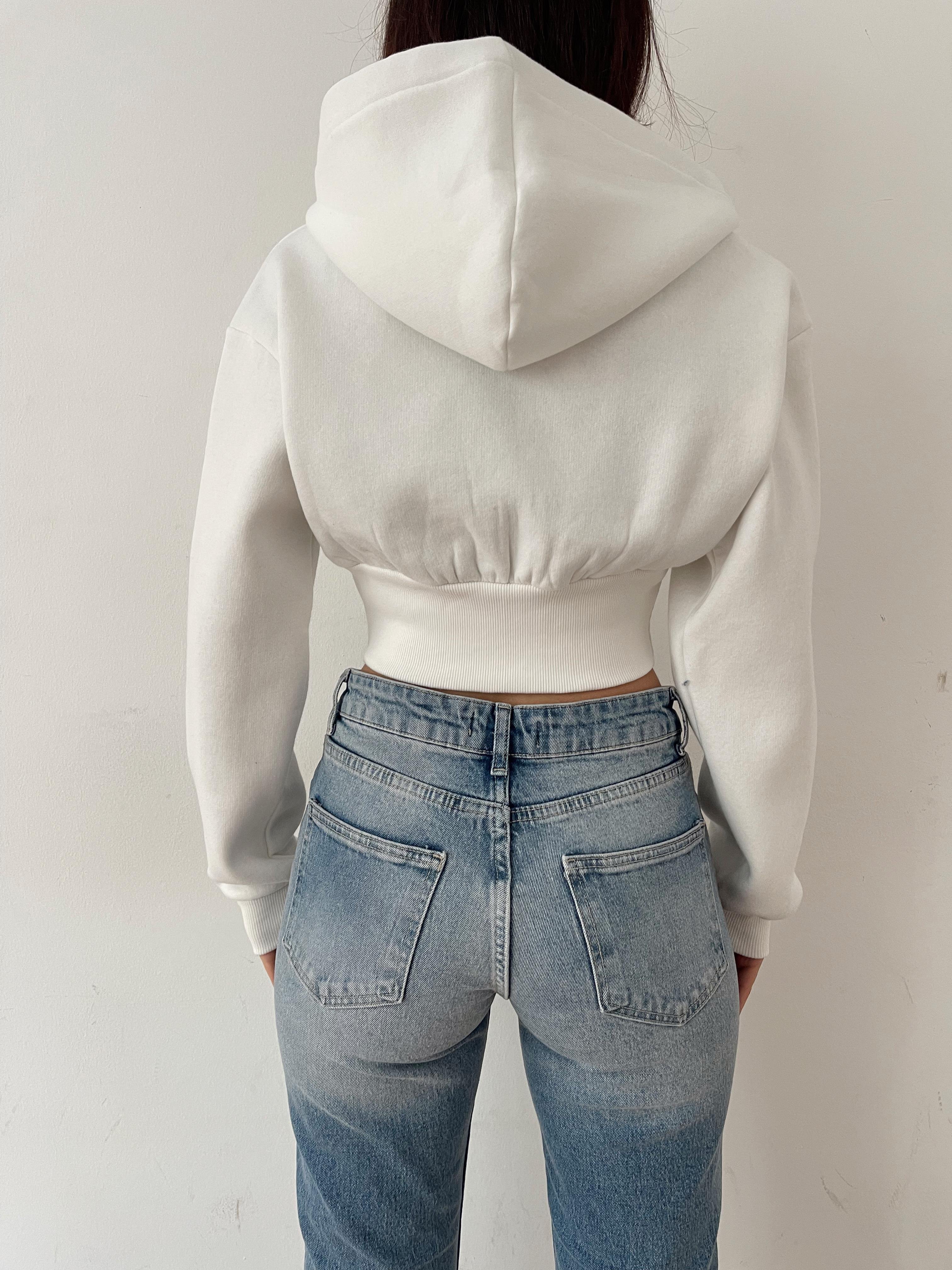 Kapüşonlu Crop Sweatshirt BEYAZ