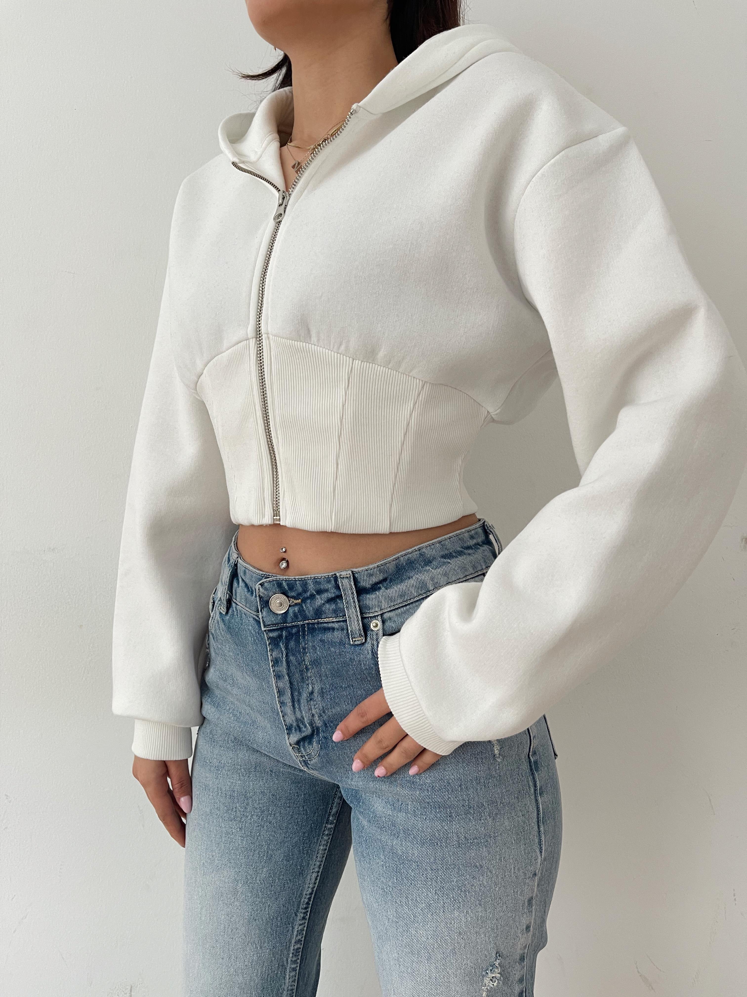 Kapüşonlu Crop Sweatshirt BEYAZ